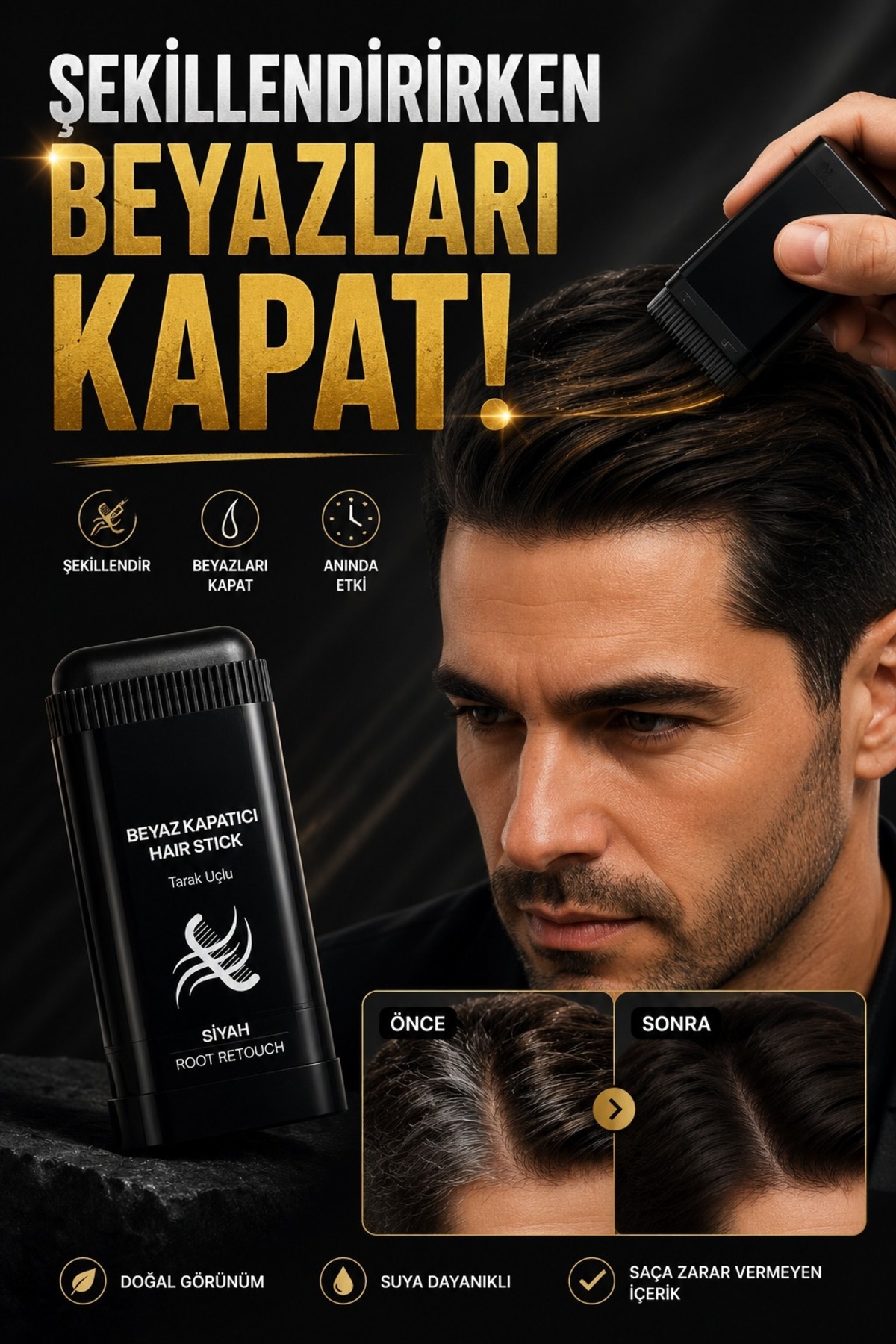 3 Adet.Beyaz Kapatıcı Tarak Uçlu Saç Stick/Siyah.Anında Kapatıcı — 3LÜSİYAHBOYA — تصویر 5 از 5