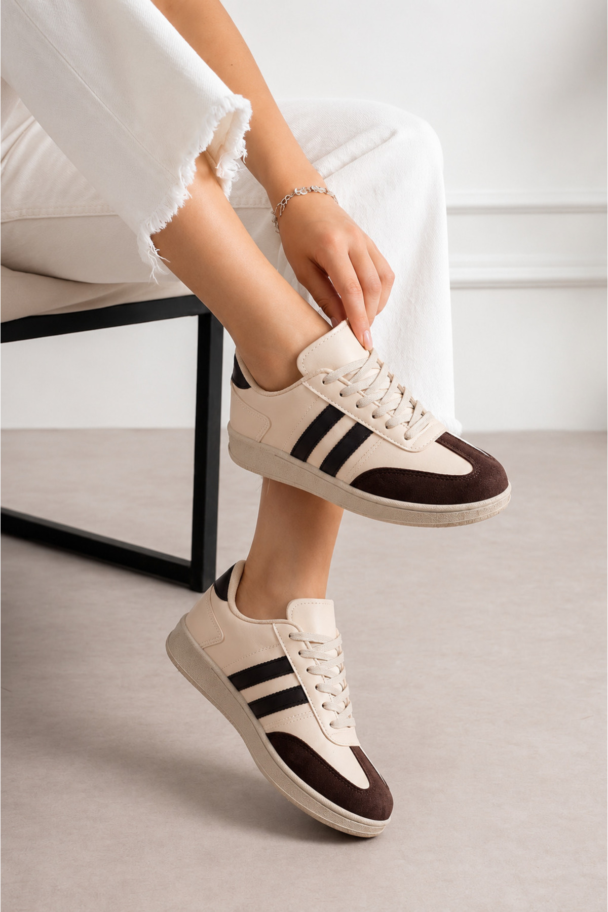 eformoda by emre yılmaz Bej Kahve Unisex Kadın Erkek Şeritli Rahat Taban Günlük Sneaker Spor Ayakkabı Sm03