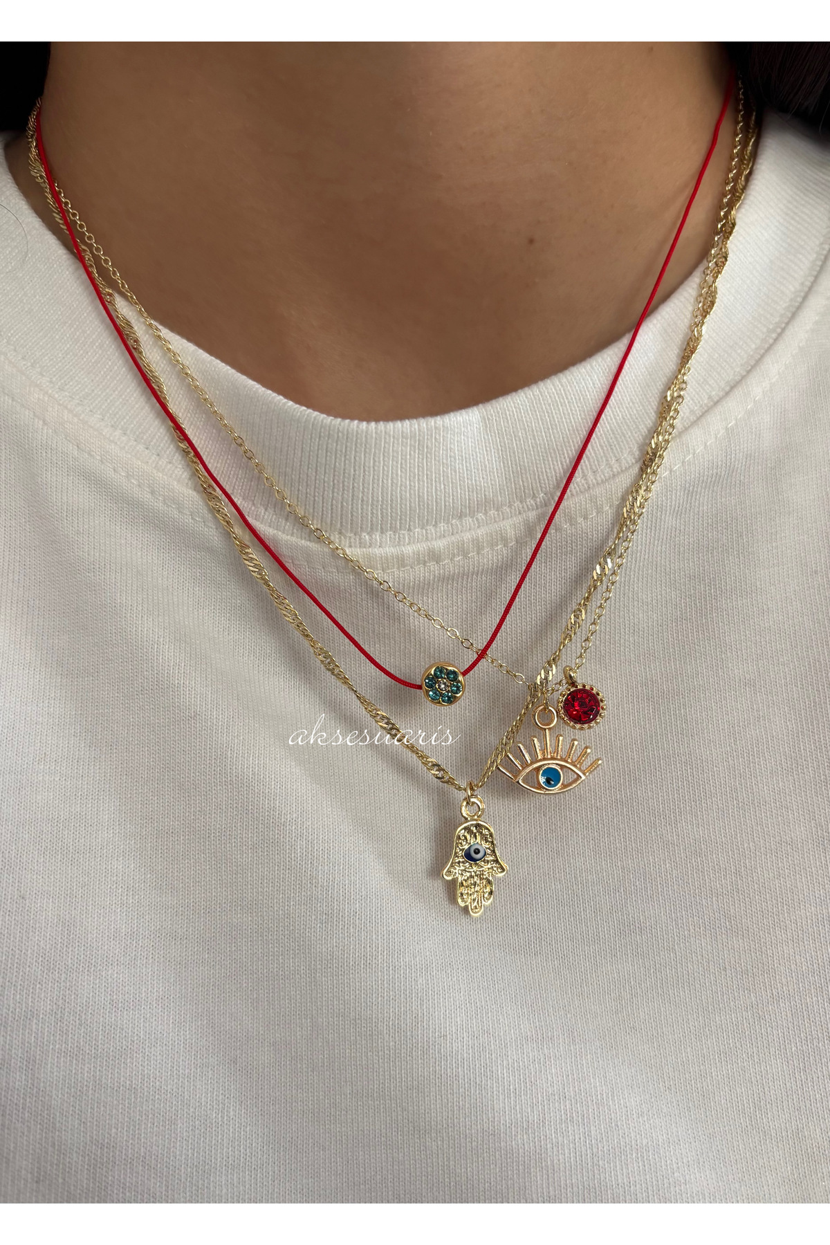 aksesuaris 3'lü Şans Kolyesi Kırmızı İpli Zirkon Charm Gold Kadın Kolye Set görsel 3