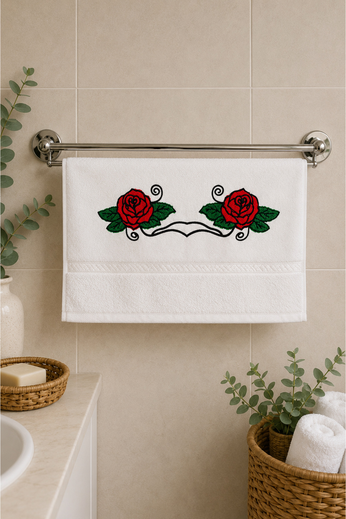 %100 Pamuk Nakışlı El Yüz Havlusu 50x90 cm – Yumuşak Dokulu Dekoratif Havlu