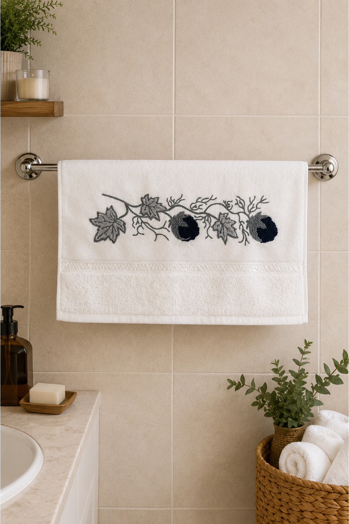 %100 Pamuk Nakışlı El Yüz Havlusu 50x90 cm – Yumuşak Dokulu Dekoratif Havlu