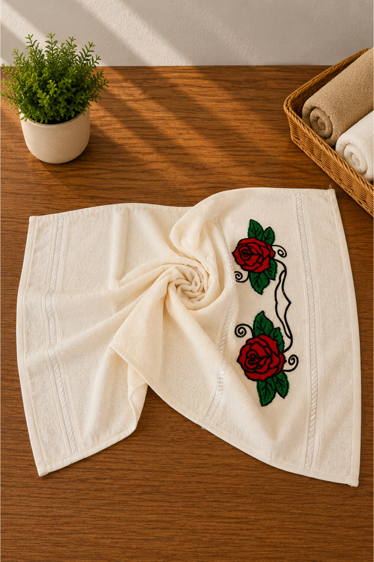 %100 Pamuk Nakışlı El Yüz Havlusu 50x90 cm – Yumuşak Dokulu Dekoratif Havlu