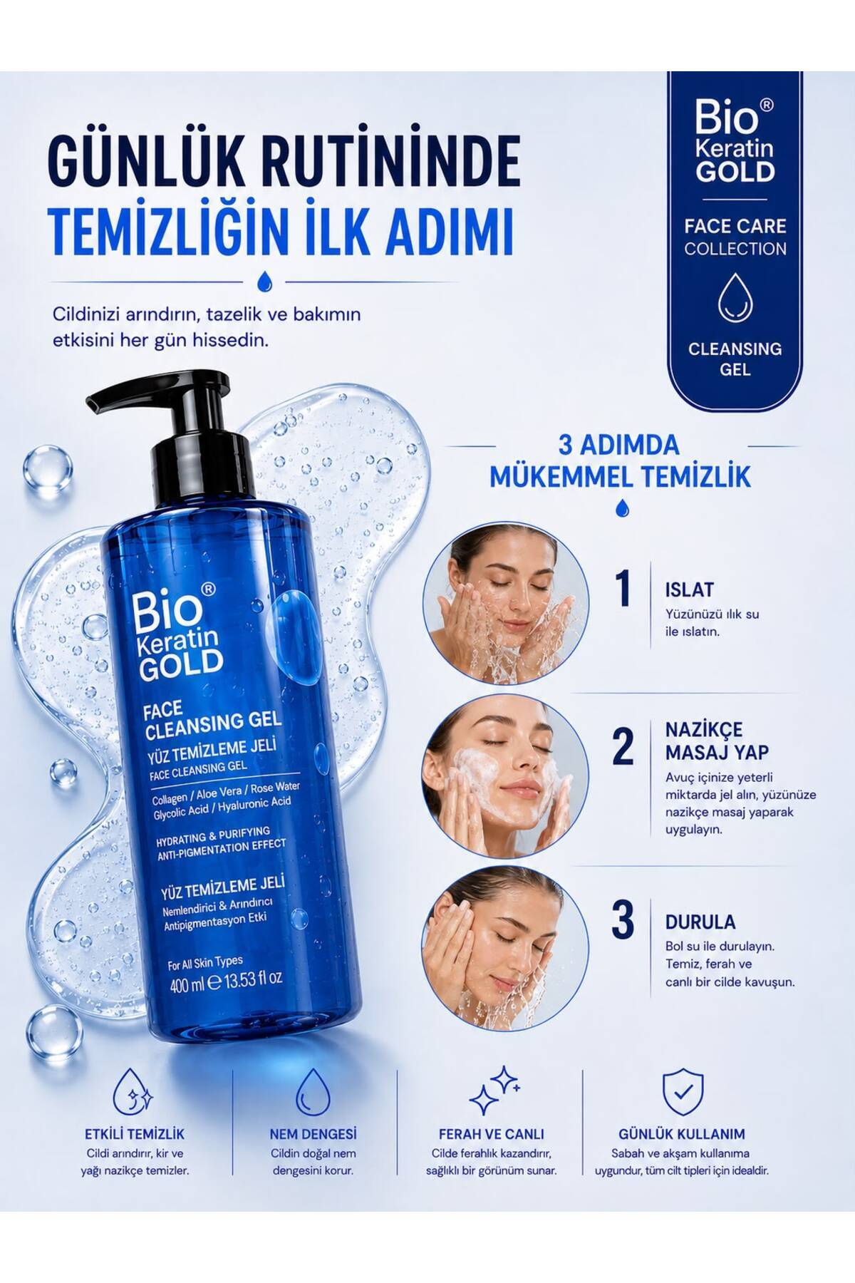 Yüz Temizleme Jeli 400ml - Nemlendirici ve Arındırıcı Karma Ciltler — A777 — تصویر 4 از 8