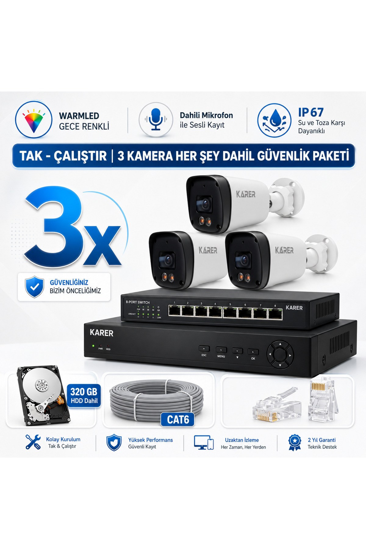 EXİTCAM 3 Kameralı 5 MP IP Güvenlik Kamera Seti – 320 GB HDD Dahil, PoE Sistem, Gece Renkli, Sesli K