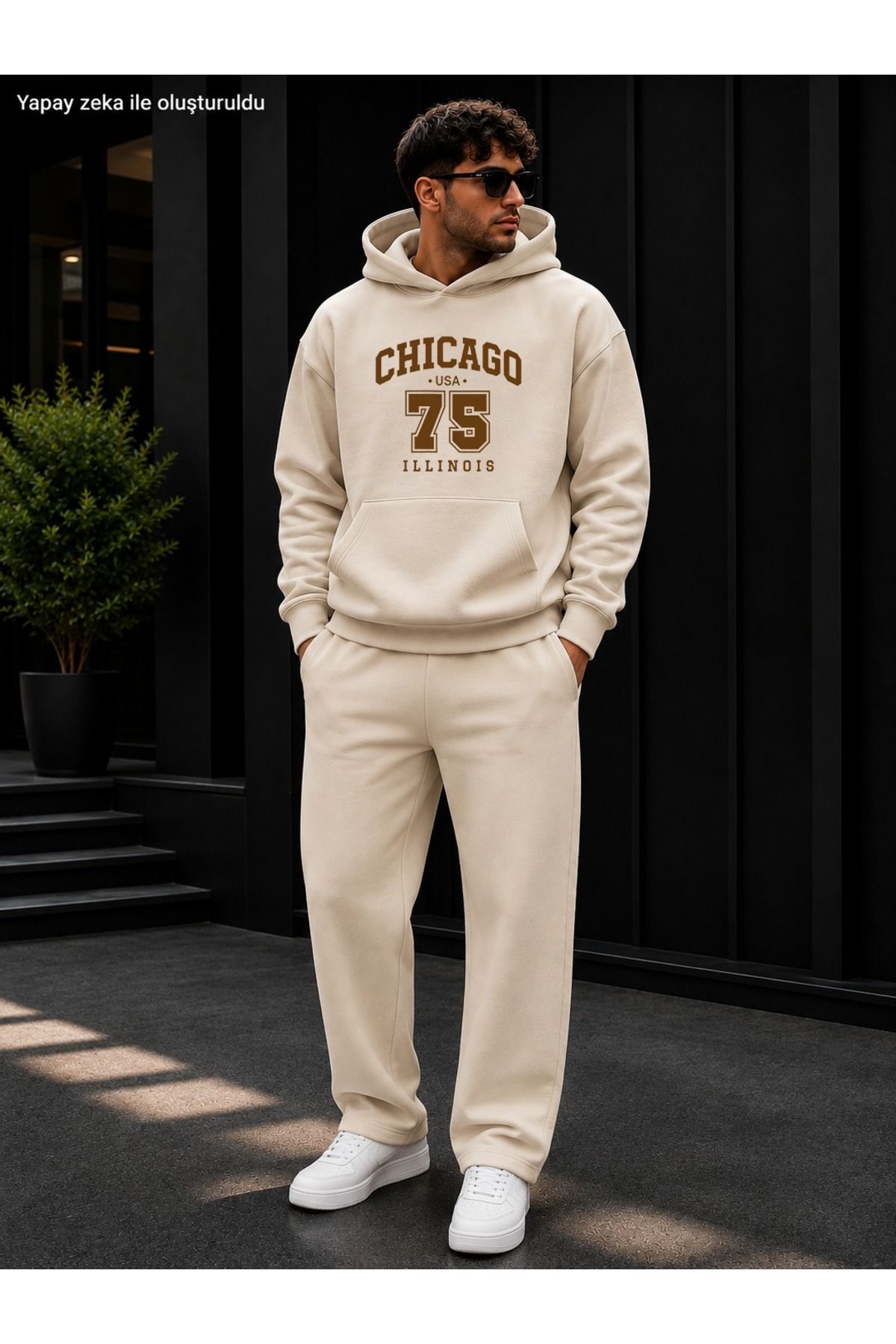 Erkek Chicago 75 Baskılı Eşofman Takımı / Kapüşonlu Kanguru Cepli Sweatshirt ve Düz Paça Alt — بژ CKTK260805