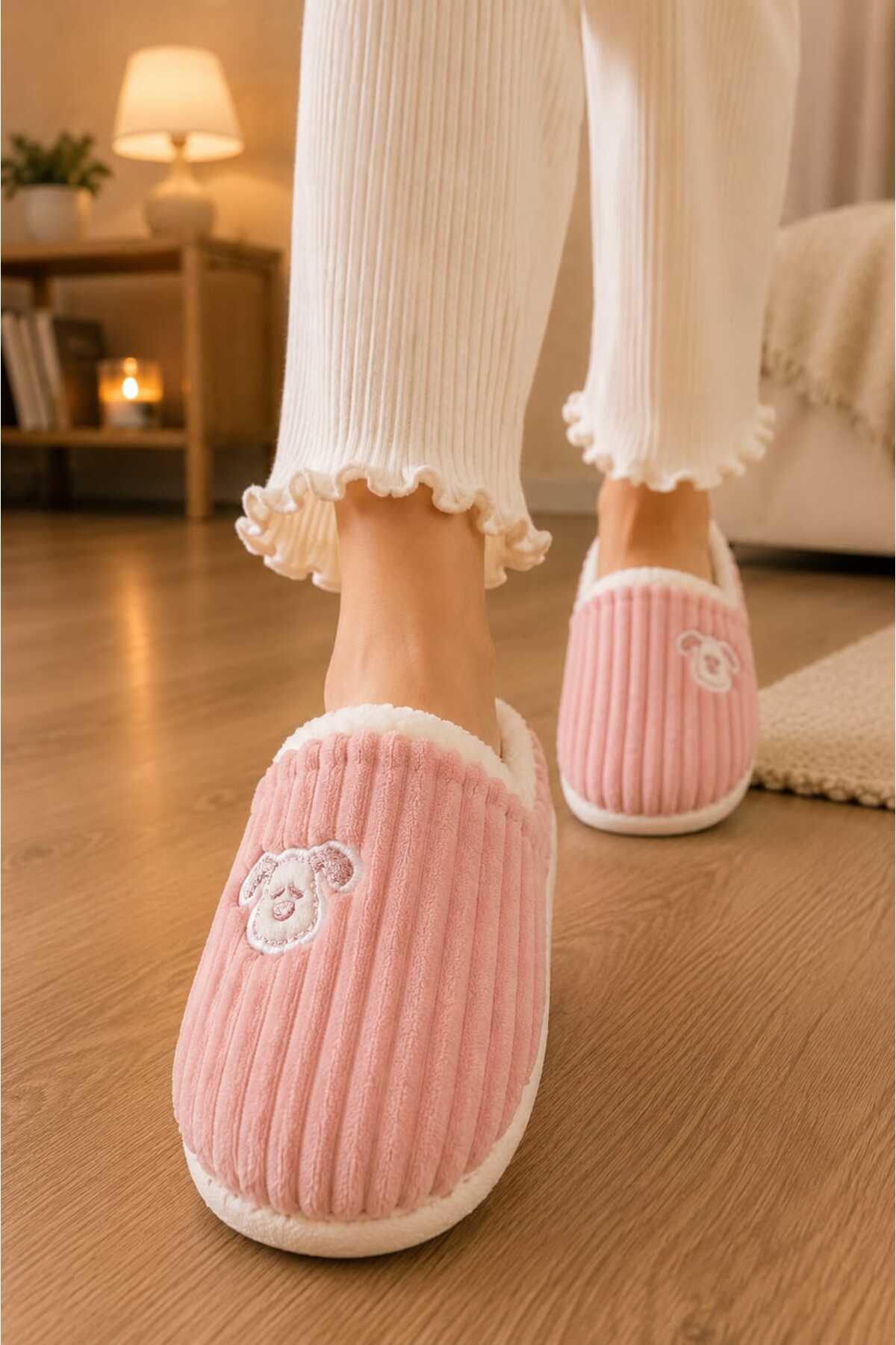 Slipcat Unisex, Fitil Kadife, Sevimli Köpek Figürlü, Kürklü, Yumuşak, Peluş Ev Terliği görsel 2