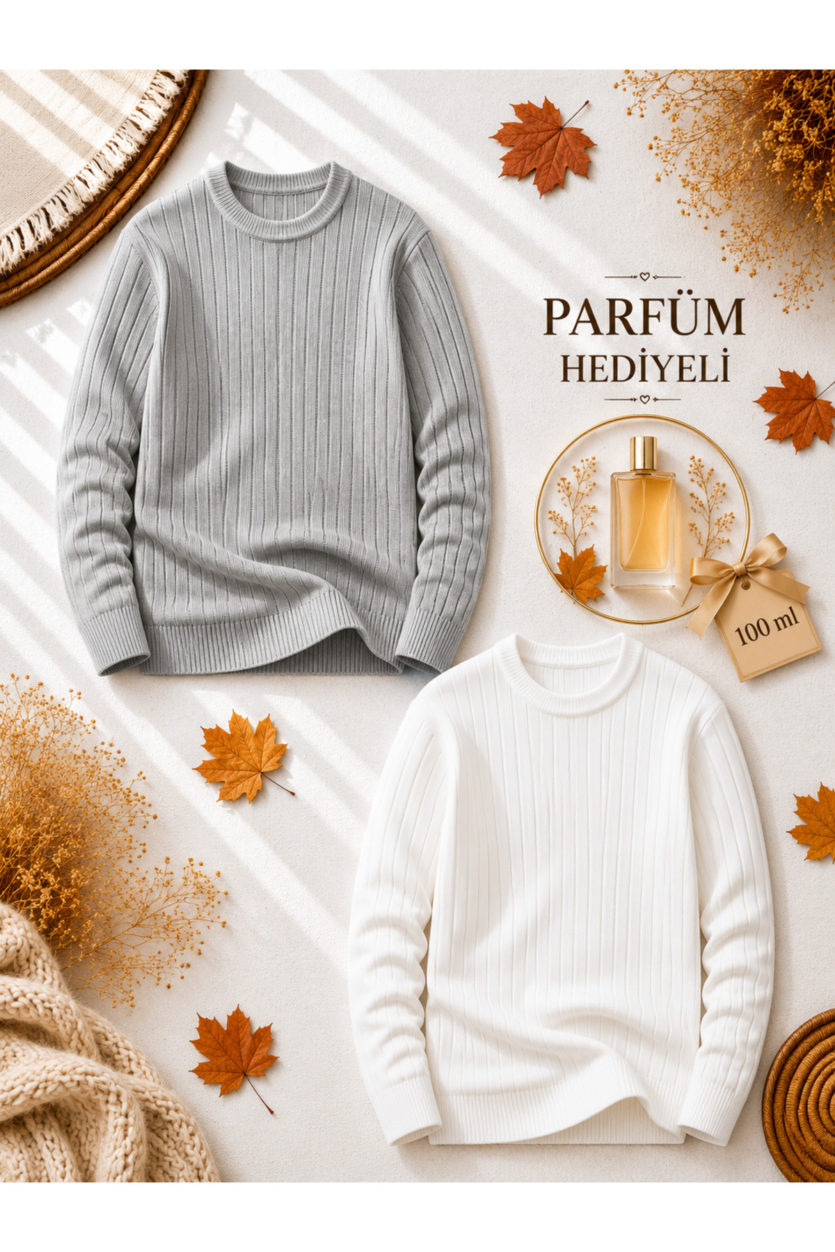 Erkek 2 Adet Fitilli Triko Kazak + 100 ml Parfüm Bisiklet Yaka Slim Fit Kışlık Kazak Seti