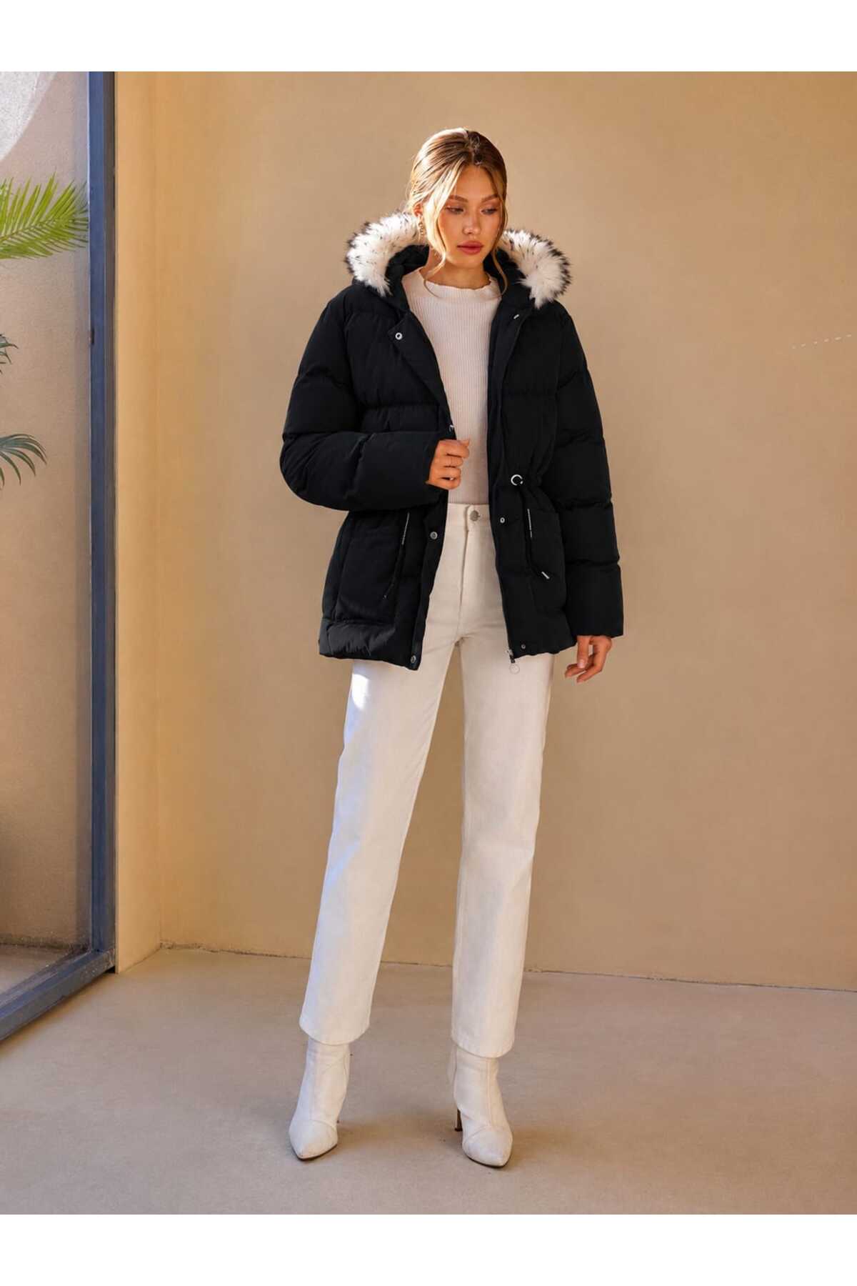 ALANOVA FASHION KADIN CEP DETAYLI KÜRK KAPUŞONLU CHIC MONT görsel 2