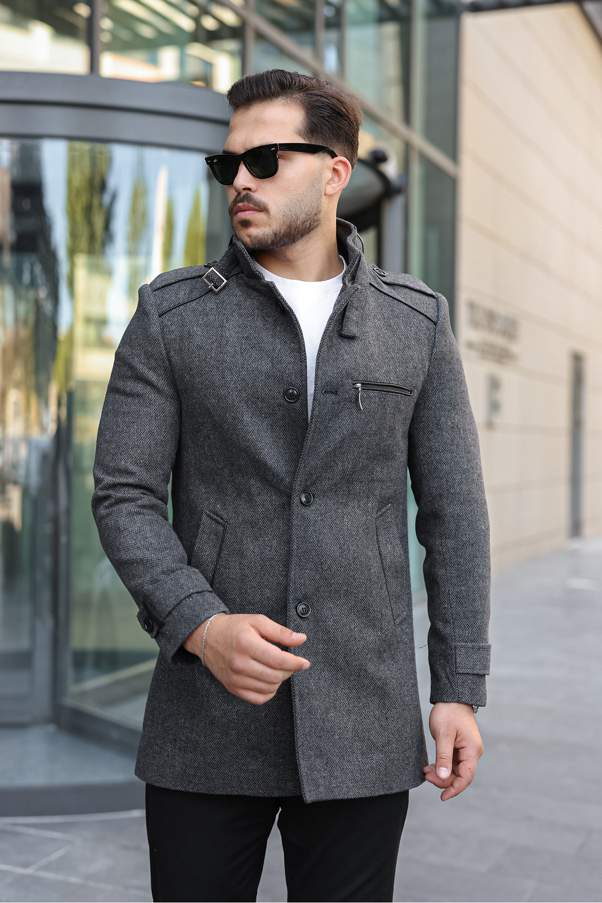 Erkek Slim Kalıp Kaşe Kaban — رنگارنگ 421 — تصویر 3 از 5
