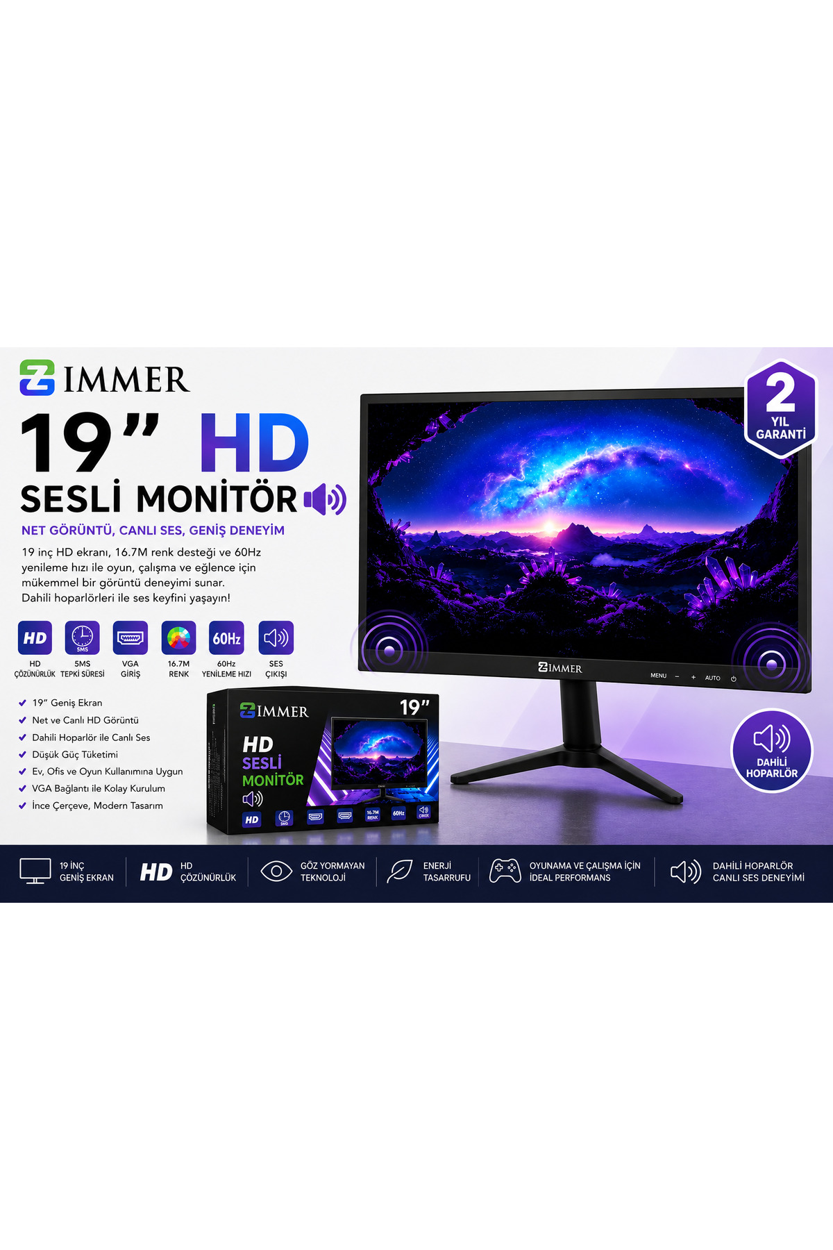 Zimmer 19 İ̇nç HD Ready LED Bilgisayar Monitörü – 60HZ 5MS VGA Girişli