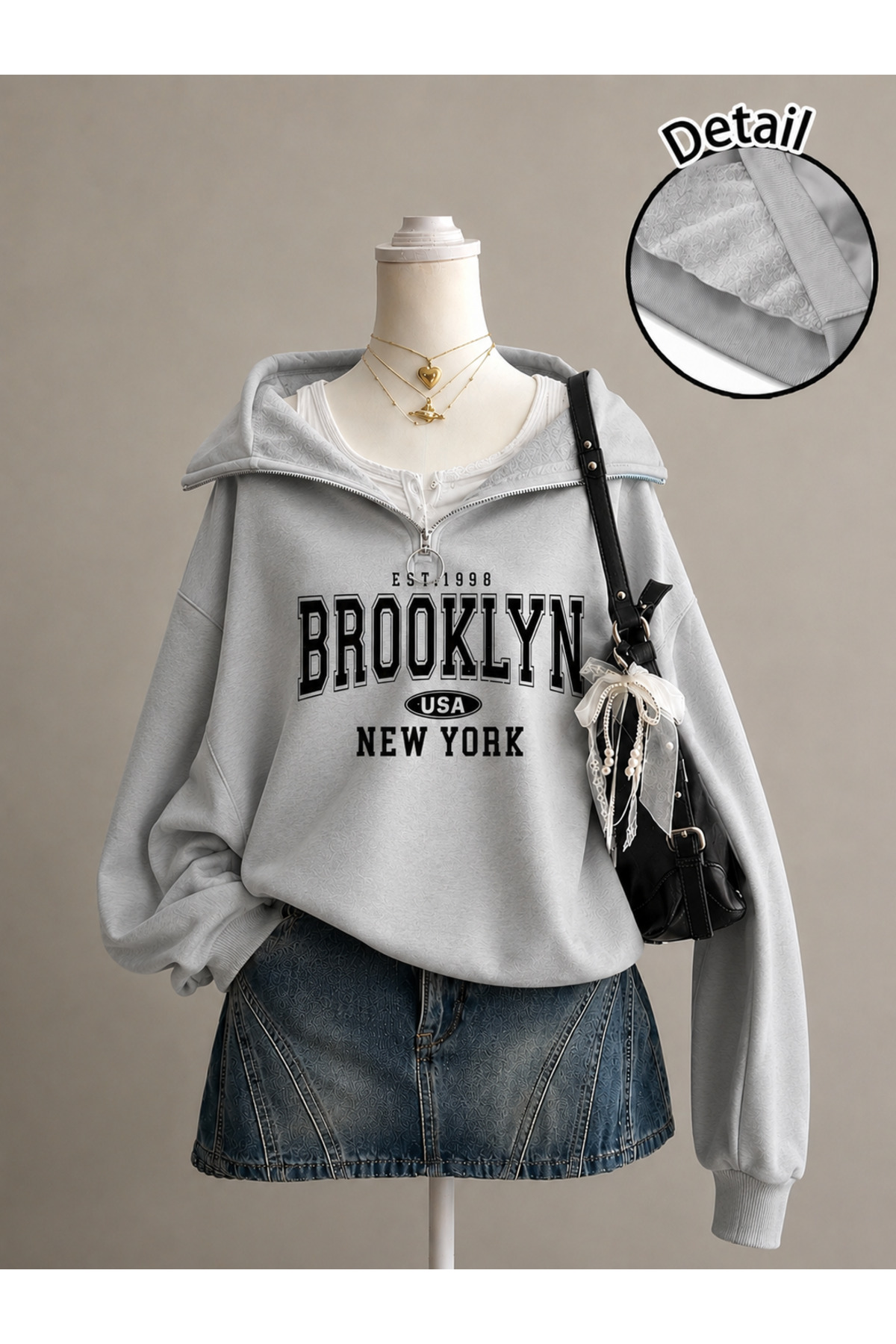 Revasser Unisex Erkek/Kadın BROOKLYN1998 Özel Baskılı Renkli Dik Yaka Yarım Fermuarlı Pamuklu Oversize Sweatshirt