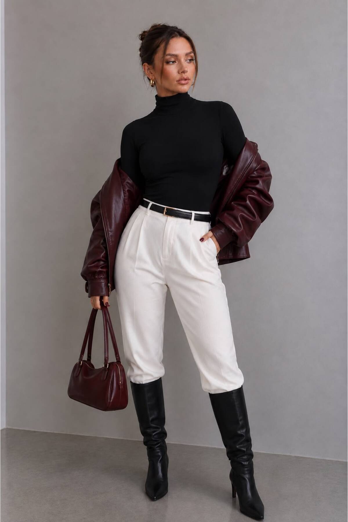 MODiSCHO Kadın Dik Yaka Slim Fit Parmak Geçmeli Ultra Soft Yumuşak Esnek Likralı Pamuklu Basic Body&Bluz görsel 7
