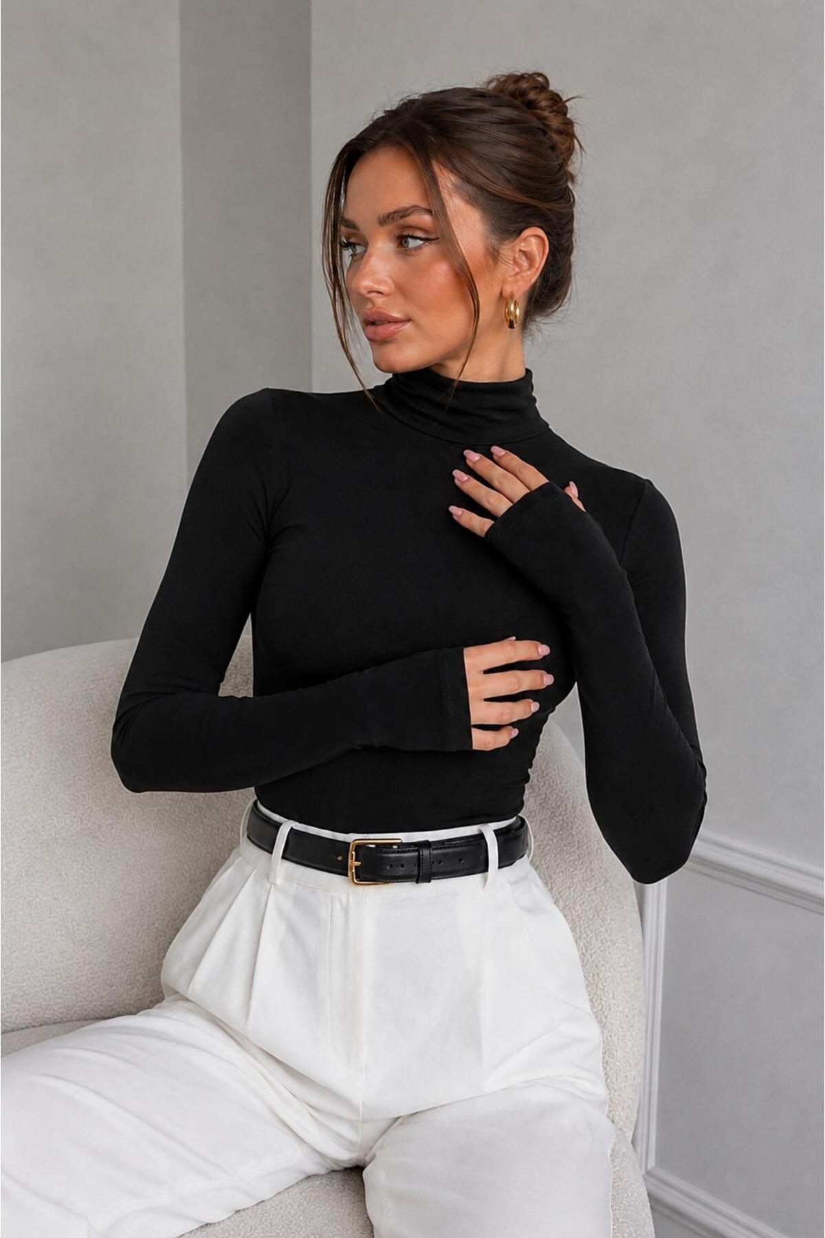 MODiSCHO Kadın Dik Yaka Slim Fit Parmak Geçmeli Ultra Soft Yumuşak Esnek Likralı Pamuklu Basic Body&Bluz görsel 3