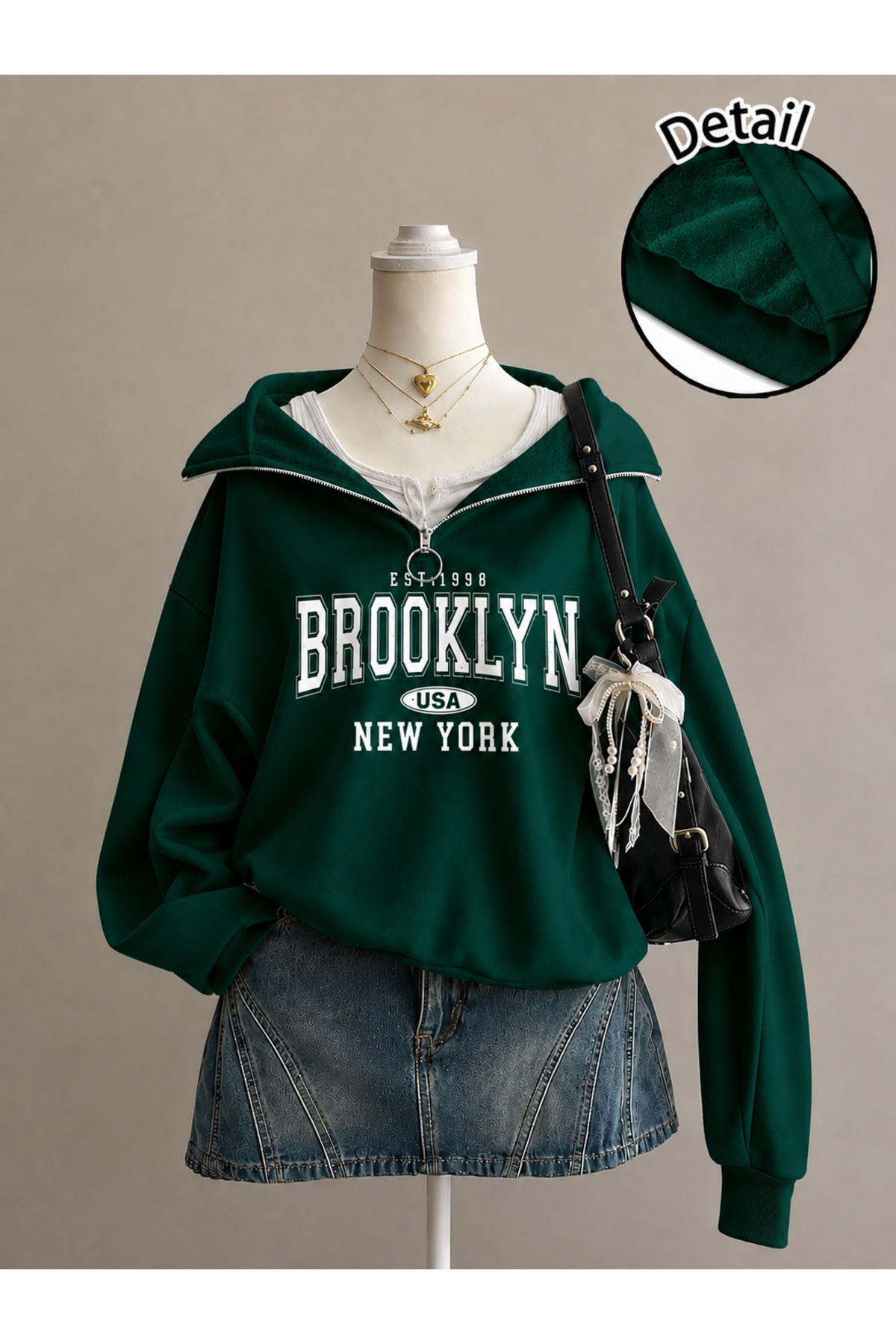 Revasser Unisex Erkek/Kadın BROOKLYN1998 Özel Baskılı Renkli Dik Yaka Yarım Fermuarlı Pamuklu Oversize Sweatshirt