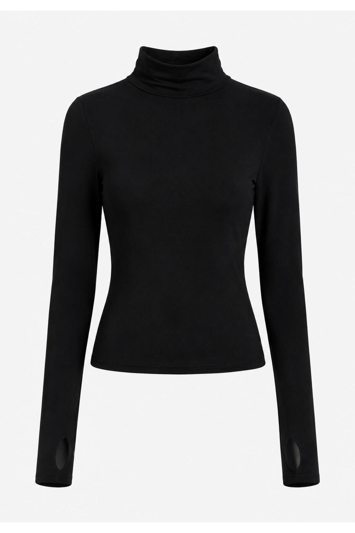 MODiSCHO Kadın Dik Yaka Slim Fit Parmak Geçmeli Ultra Soft Yumuşak Esnek Likralı Pamuklu Basic Body&Bluz görsel 4