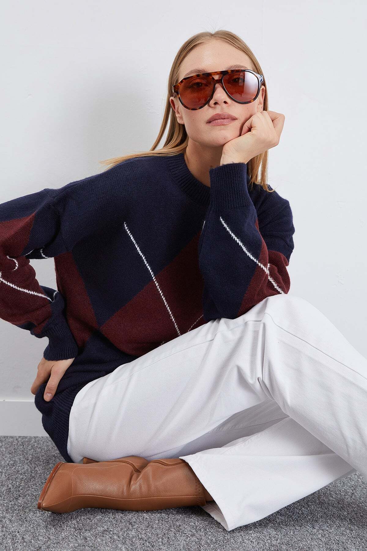 Fulla Moda Baklava Desenli Oversize Kazak