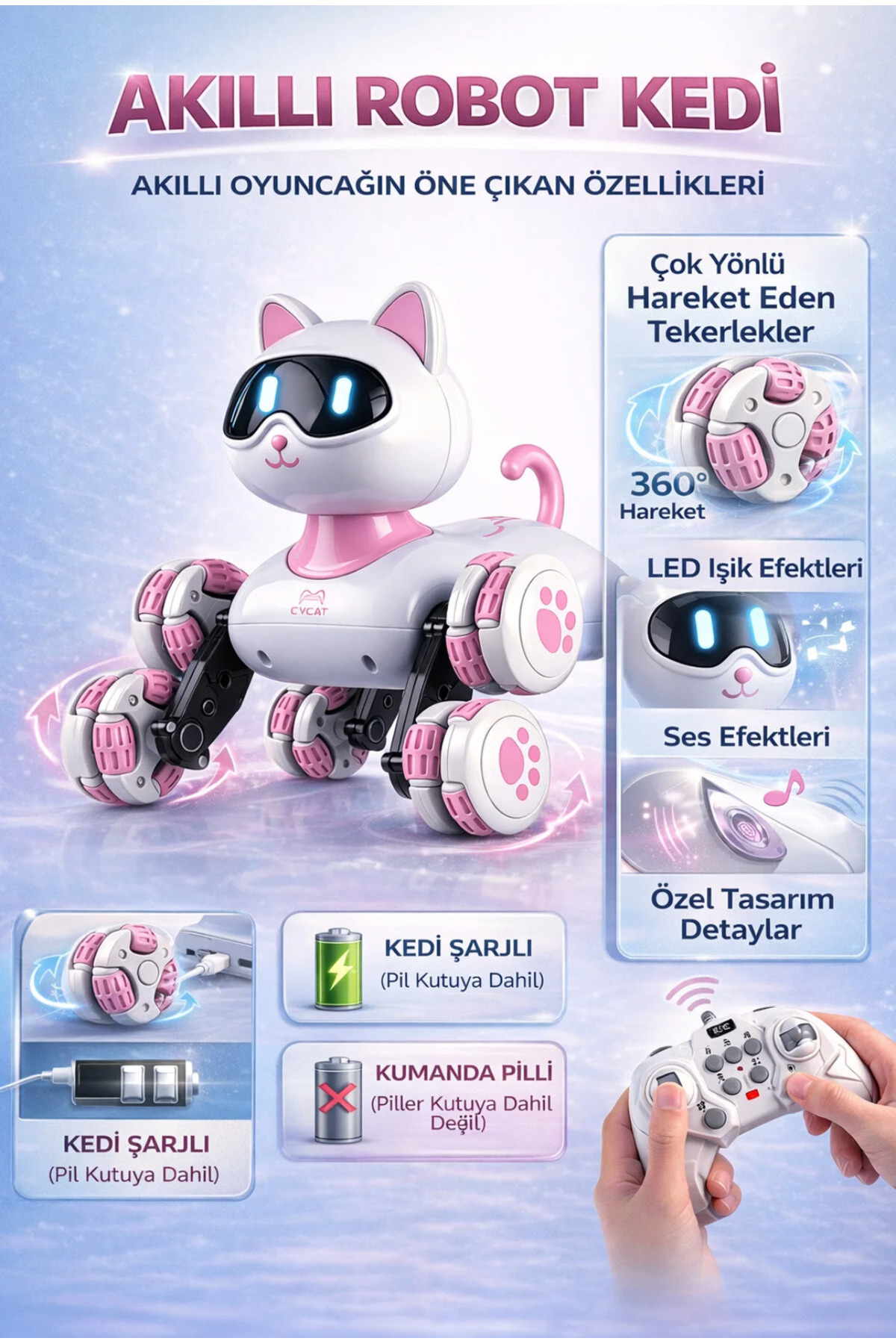 Uzaktan Kumandalı LED Işıklı Ses Efektli 360° Hareket Eden Oyuncak Akıllı Robot Kedi 23 cm