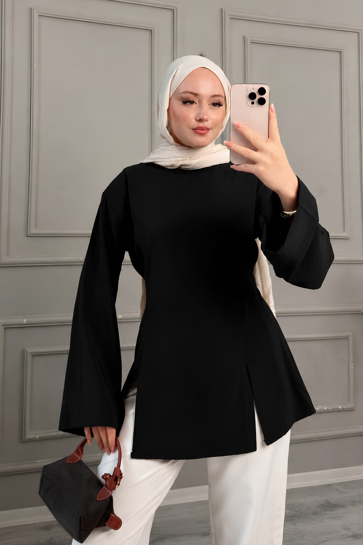 onlymoon Siyah Kadın Modal Kumaş Çift Yırtmaç Detaylı Arkadan Bağlamalı Tunik | Uzun Kollu Rahat Kalıp Dökümlü Tesettür Tunik | Günlük Şık Modern Kadın Üst Giyim Zarif Tasarım Konforlu Model