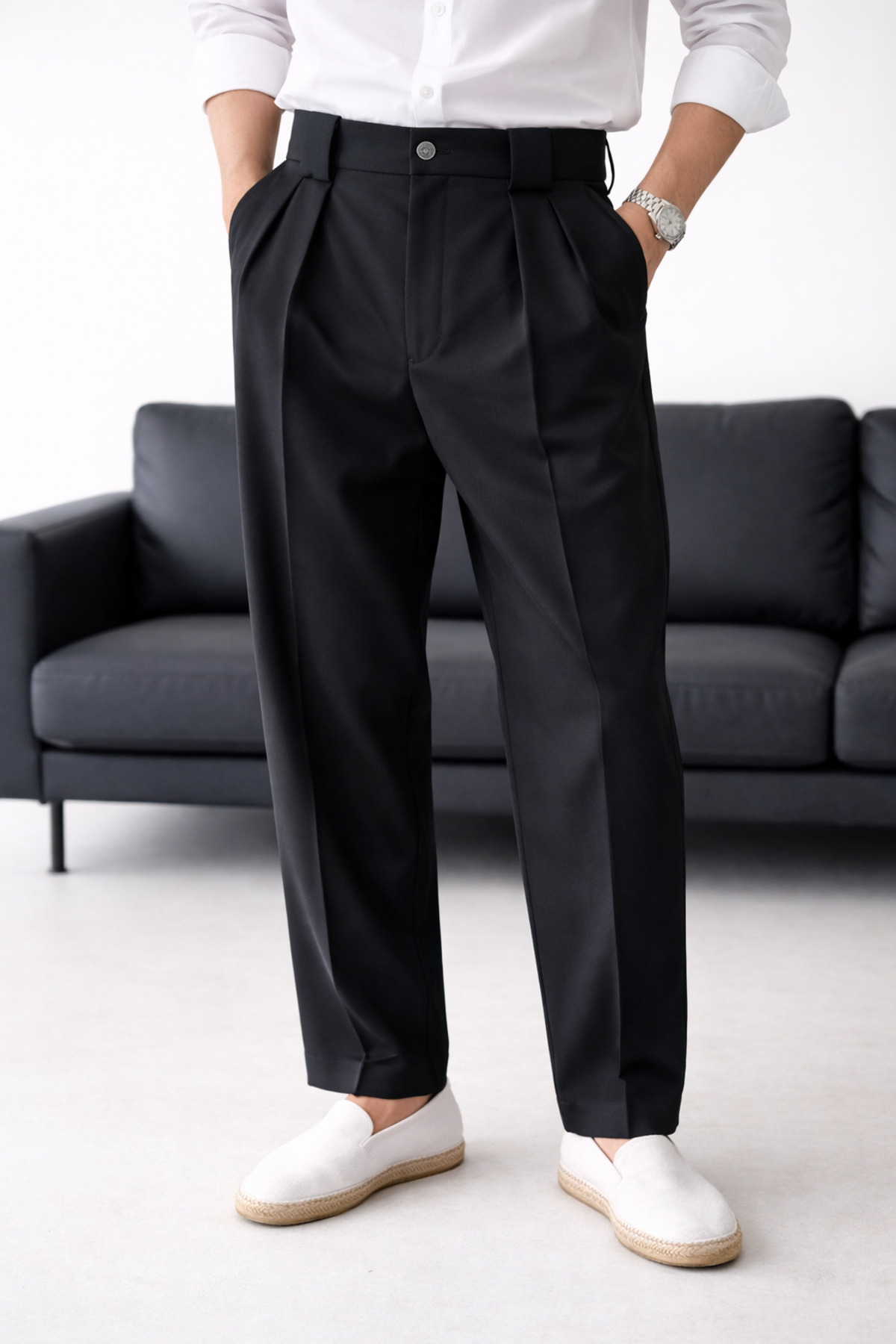 urban wear URBAN ERKEK SİYAH Çift Pileli Yüksek Bel İtalyan Kesim Kumaş Pantolon -2628 görsel 3
