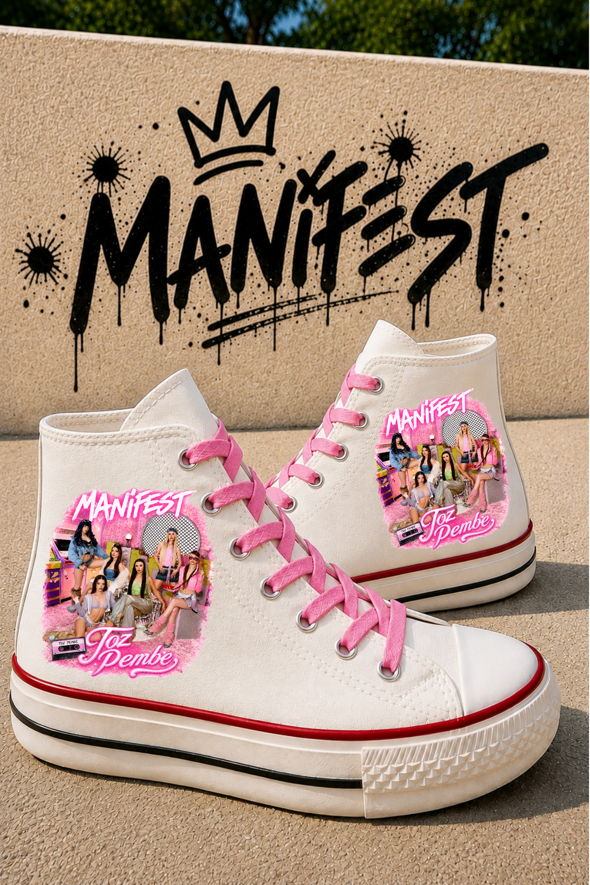 MECH BUTİK Manifest Baskılı Beyaz Bilekli Okul Ayakkabısı Sneaker Spor Ayakkabı