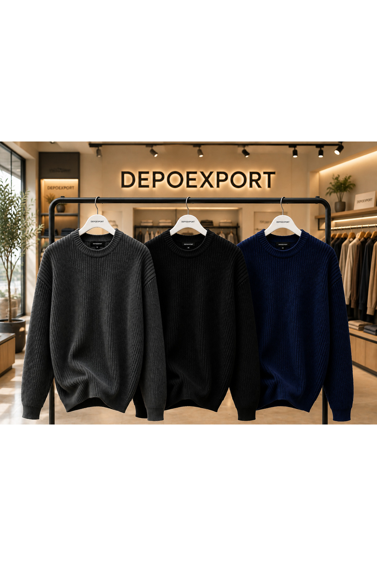 DepoExport Erkek 3'lü Bisiklet Yaka Oversize Triko Kazak Yumuşak Örme Kazak