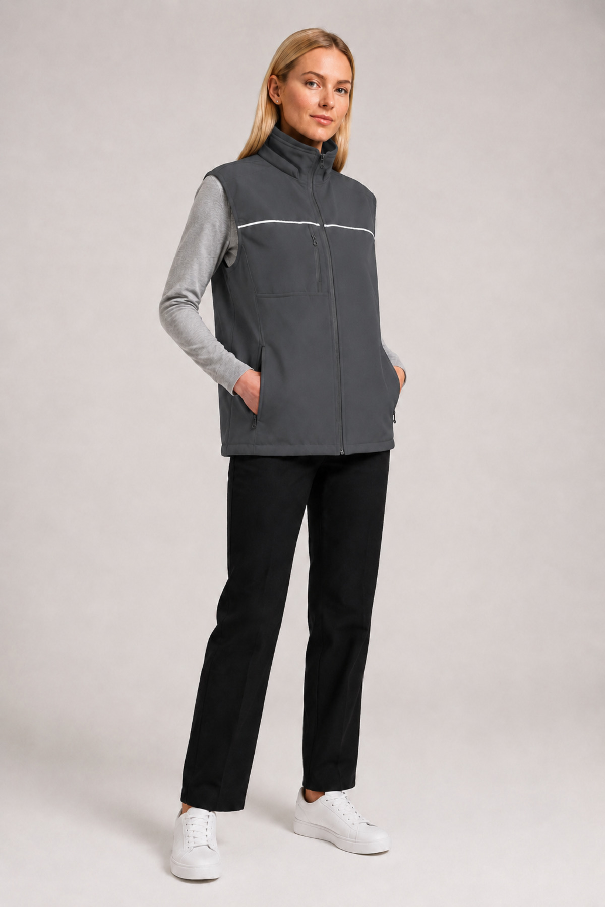 Reflektif Şeritli Su Geçirmez Unisex Softshell Yelek – Gri Gri · Fotoğraf 4