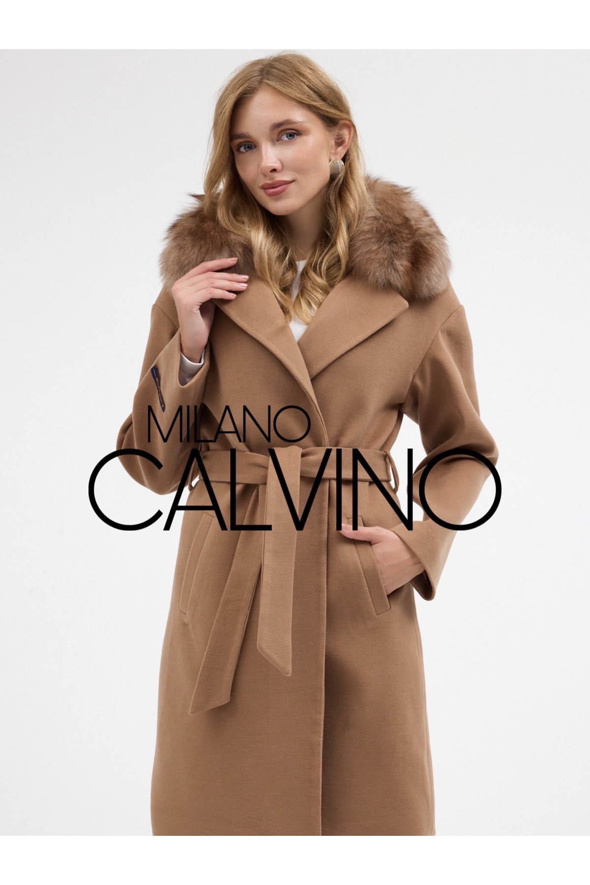 Milano Calvino CASH MEDIO, KAŞMİR KAŞE KÜRK YAKALI KEMERLİ PALTO görsel 2