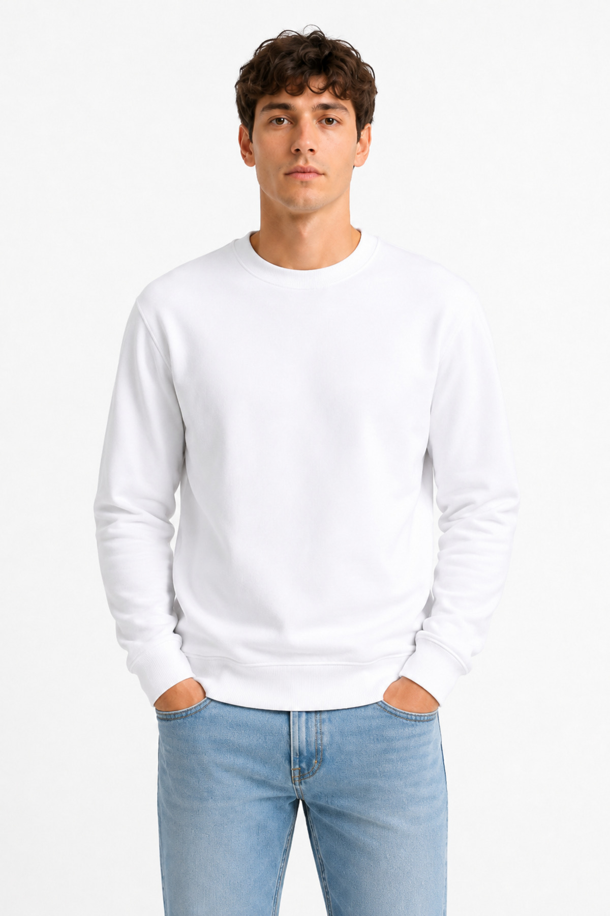 Unisex Beyaz Basic Bisiklet Yaka Uzun Kollu Sweatshirt Beyaz · Fotoğraf 8