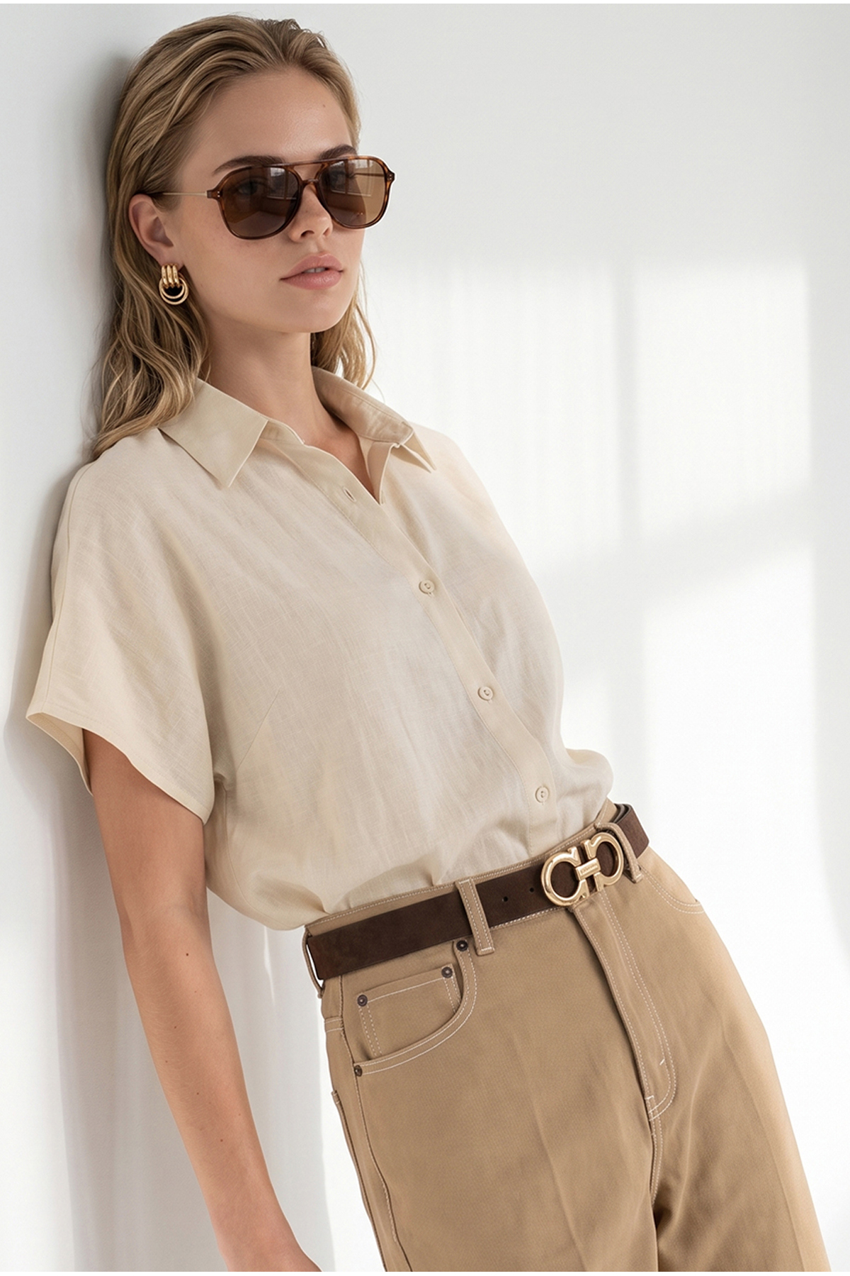 Olalook Kadın Bej Yarasa Oversize Keten Gömlek GML-19001109 görsel 4