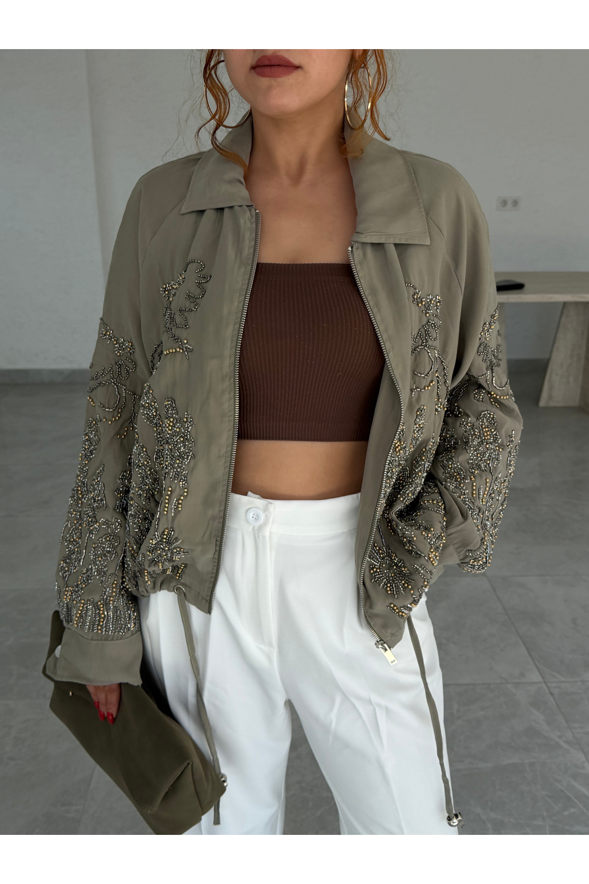 Bak'ap Premium Trend Büzgülü Boncuk İşlemeli Mevsimlik Oversize Ceket görsel 6