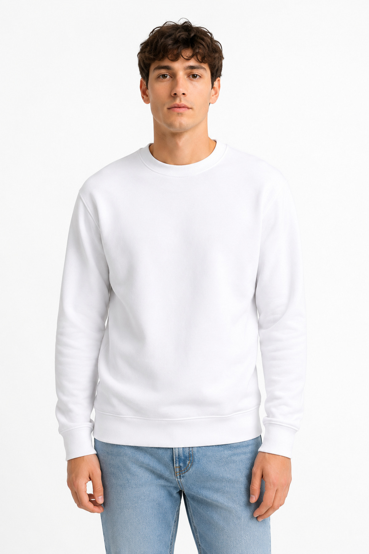 Unisex Beyaz Basic Bisiklet Yaka Uzun Kollu Sweatshirt Beyaz · Fotoğraf 4