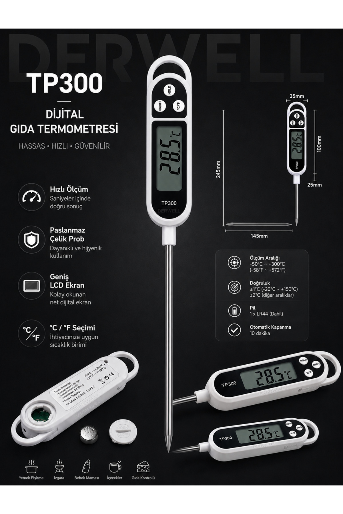 Dijital TP300 Mutfak Termometresi | Bebek Maması, Süt ve İçecek Sıcaklığı Ölçüm Cihazı | Otomatik Kapanmalı Güvenli Isı Ölçer | Ev Tipi Hassas Gıda Termometresi Pil Dahil Ekonomik Hızlı Ölçüm