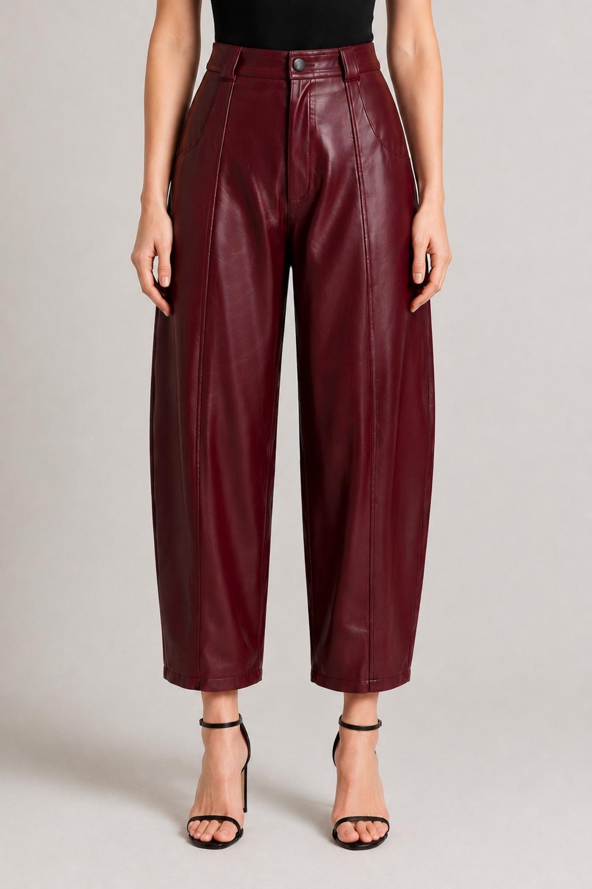 Grenj Fashion Bordo Yüksek Bel Barrel Boru Paça Suni Deri Pantolon görsel 2