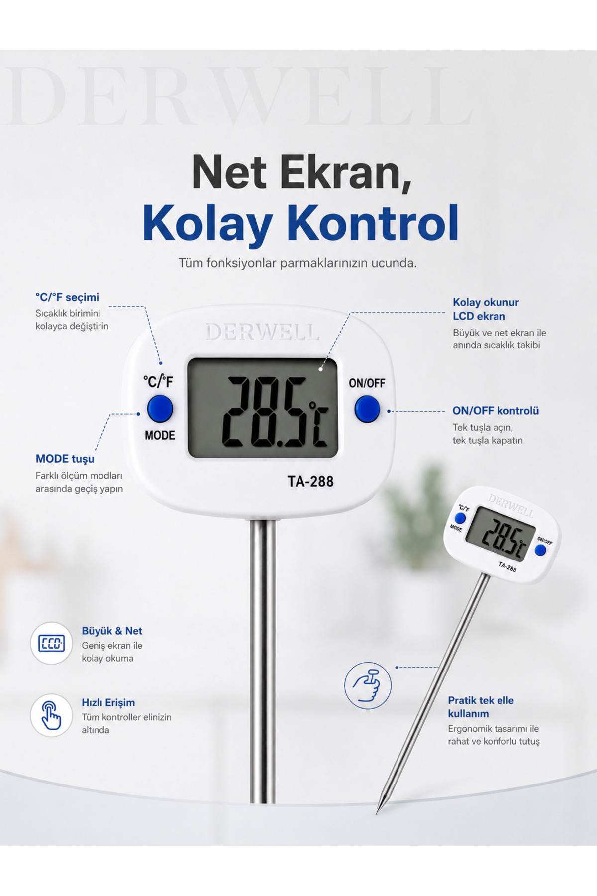 TA-288 Dijital Mutfak Termometresi Paslanmaz Çelik Saplamalı Prob Yemek Süt Yoğurt Mangal Isı Ölçer Geniş LCD Ekranlı Derece Hızlı Ölçüm Modu Santigrat Fahrenheit Ayarlı Pratik Gıda Termometre