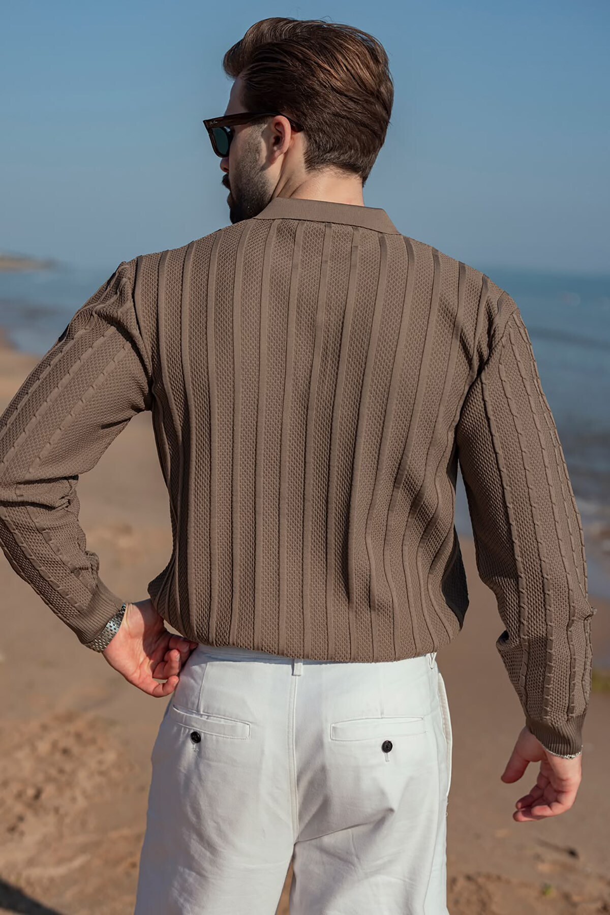 Açık Kahverengi Polo Yaka Örgü Desenli Triko Erkek Kazak E7507 — قهوه‌ای — تصویر 5 از 6