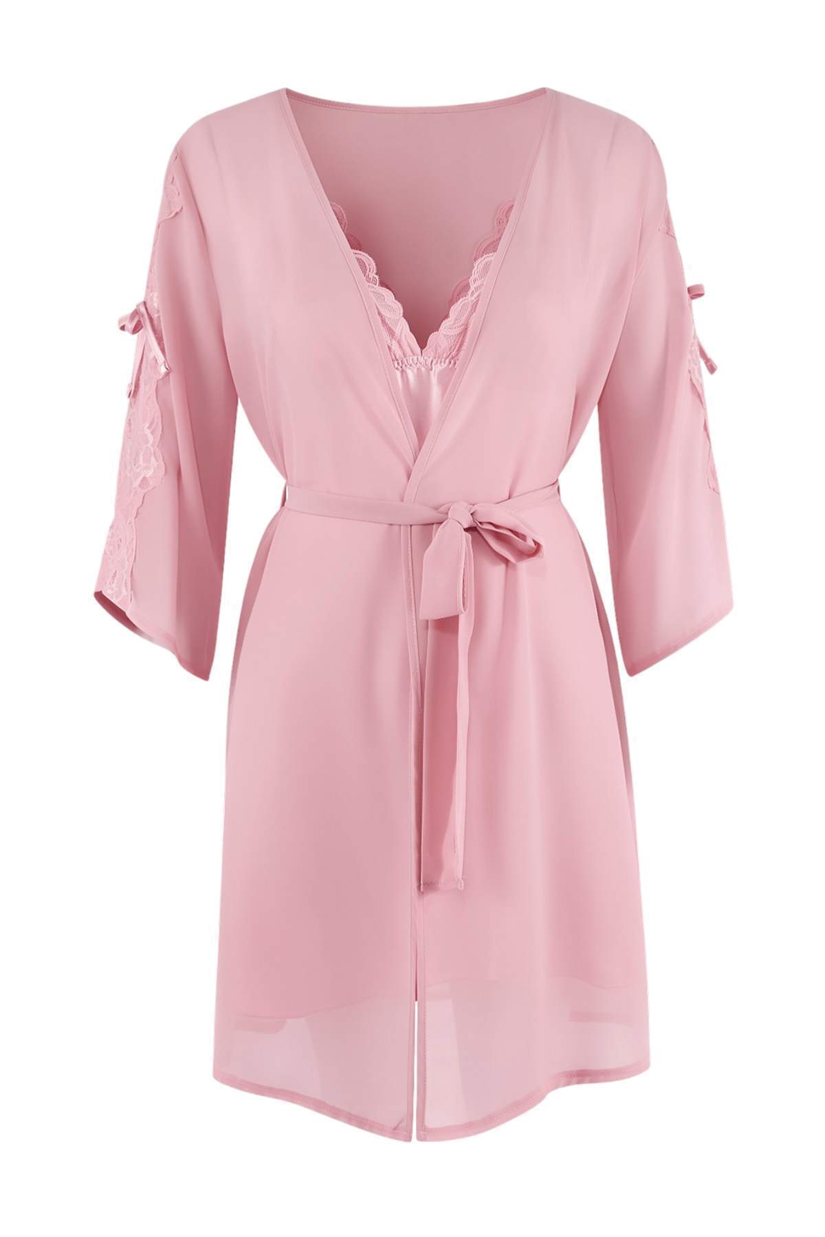 Laperissa Pembe 2li Çeyiz Set Dantelli Kurdele/Fiyonklu Saten Kuşaklı Dokuma Sabahlık + Gecelik görsel 7