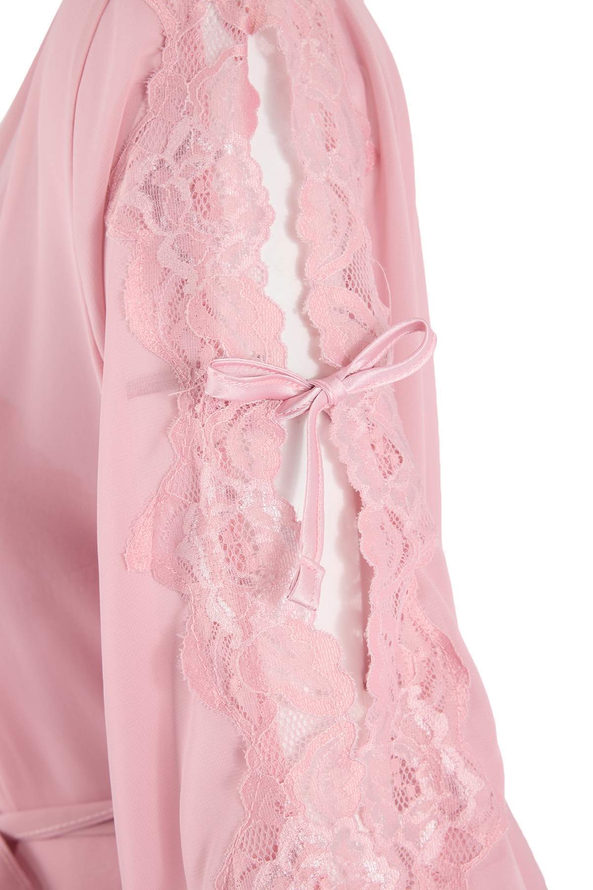 Laperissa Pembe 2li Çeyiz Set Dantelli Kurdele/Fiyonklu Saten Kuşaklı Dokuma Sabahlık + Gecelik görsel 8