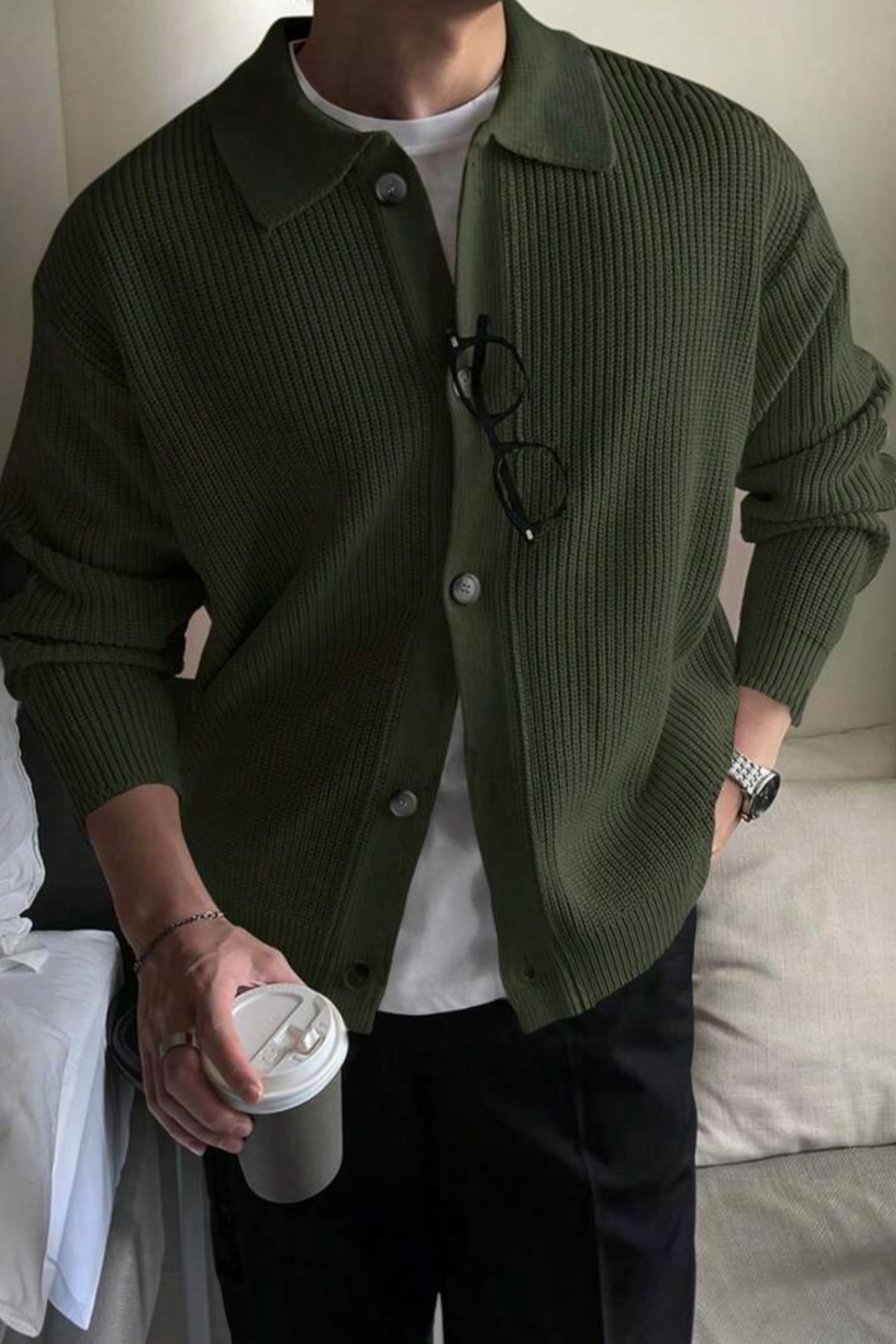 SERABLANKA Erkek Polo Yaka Oversize Triko Hırka Haki görsel 3