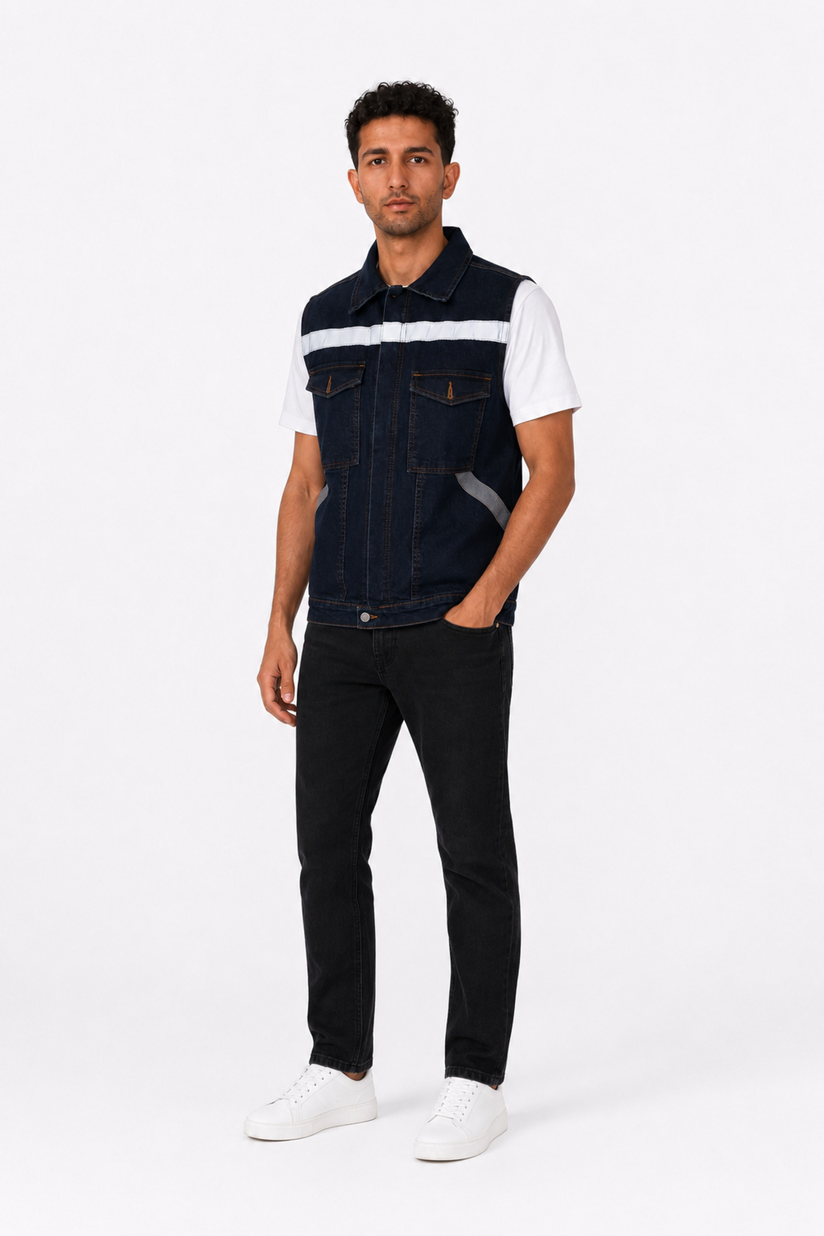 ORANGECAT Erkek Lacivert Reflektör Şeritli Fermuarlı Çok Cepli Denim İş Yeleği görsel 3