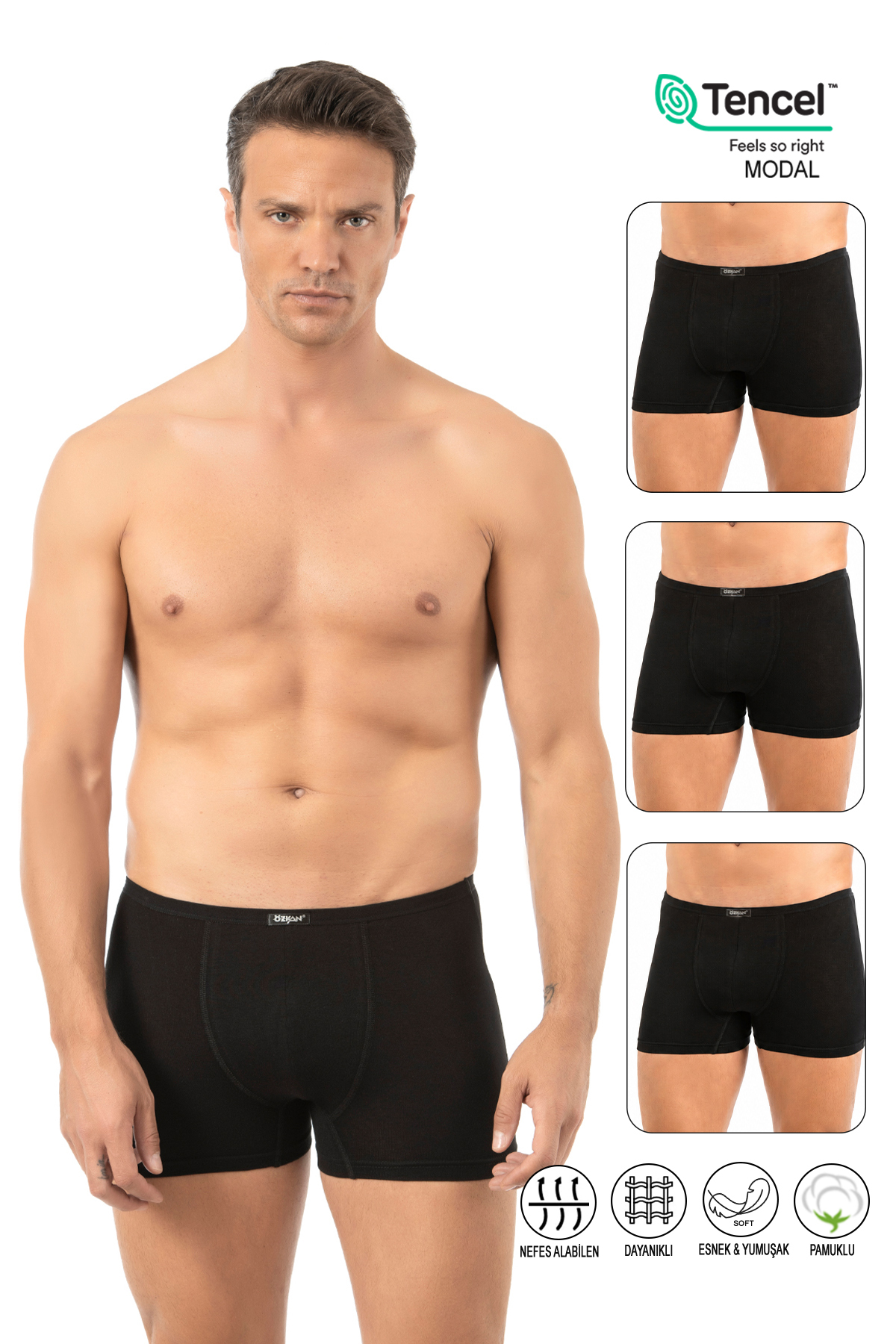 ÖZKAN underwear Özkan 11897 3'lü Paket Erkek Premium Modal Kumaş Pamuklu Esnek Rahat Boxer Şort