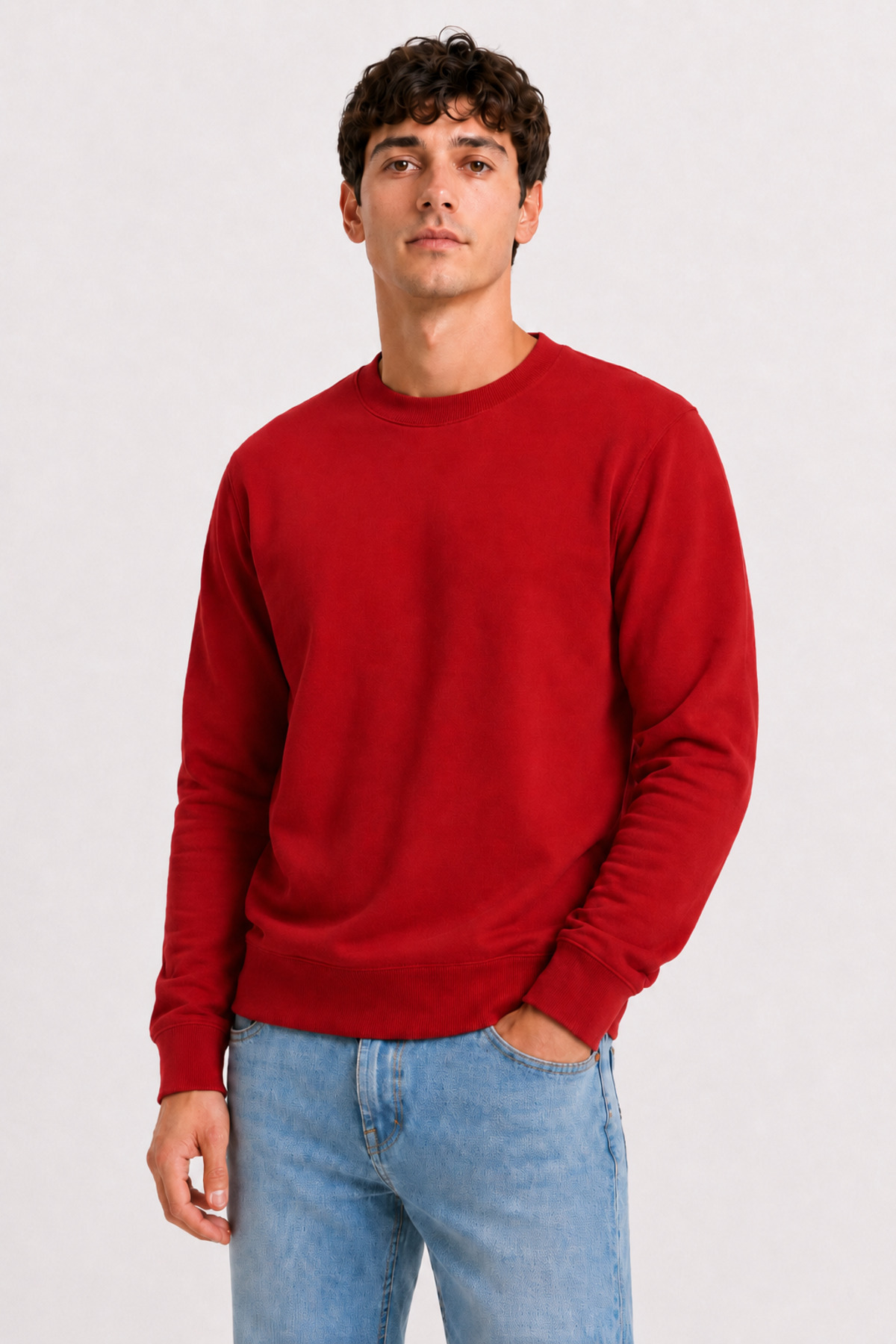 Unisex Kırmızı Bisiklet Yaka Uzun Kollu Basic Sweatshirt Kırmızı · Fotoğraf 4