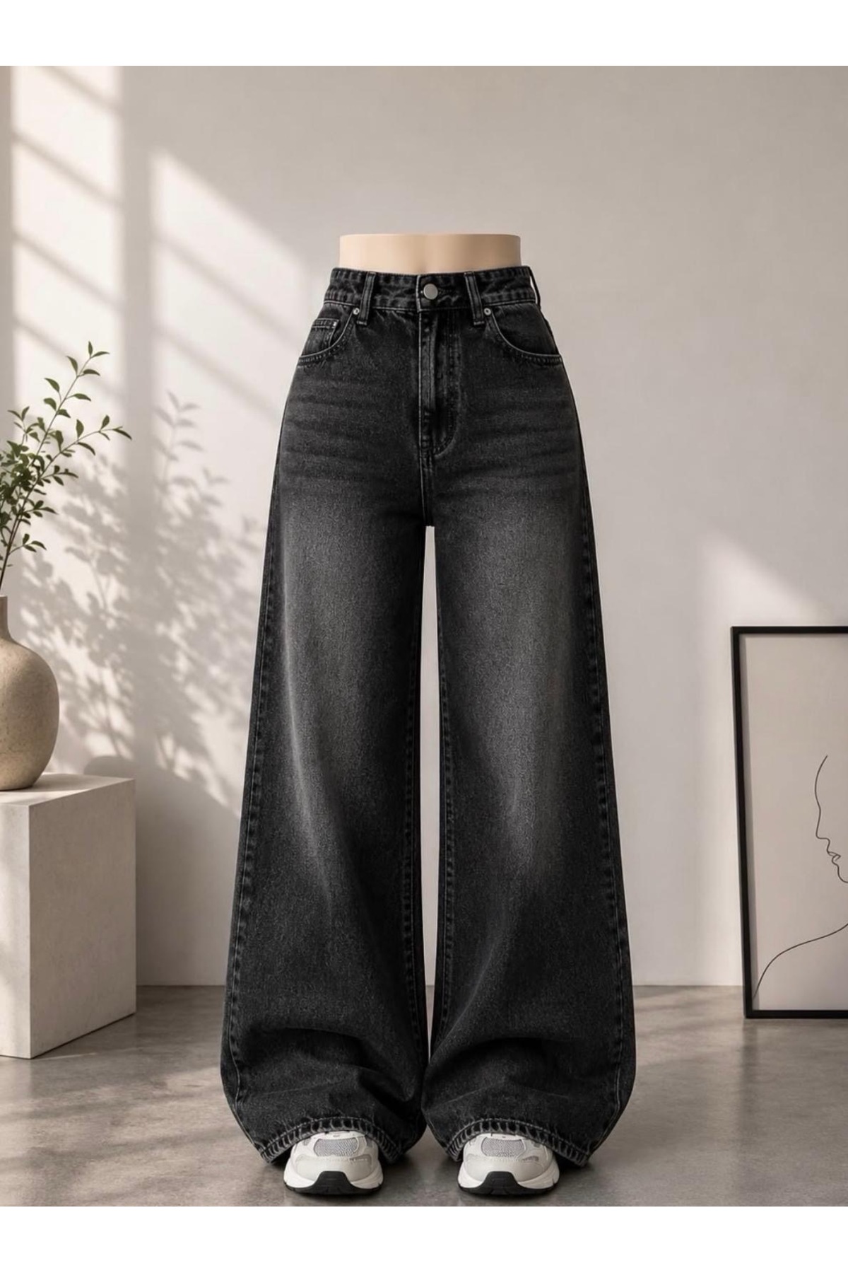CLARK KYLE Kadın füme renk baggy 9w_17 yüksek bel %100 koton denim pantolon