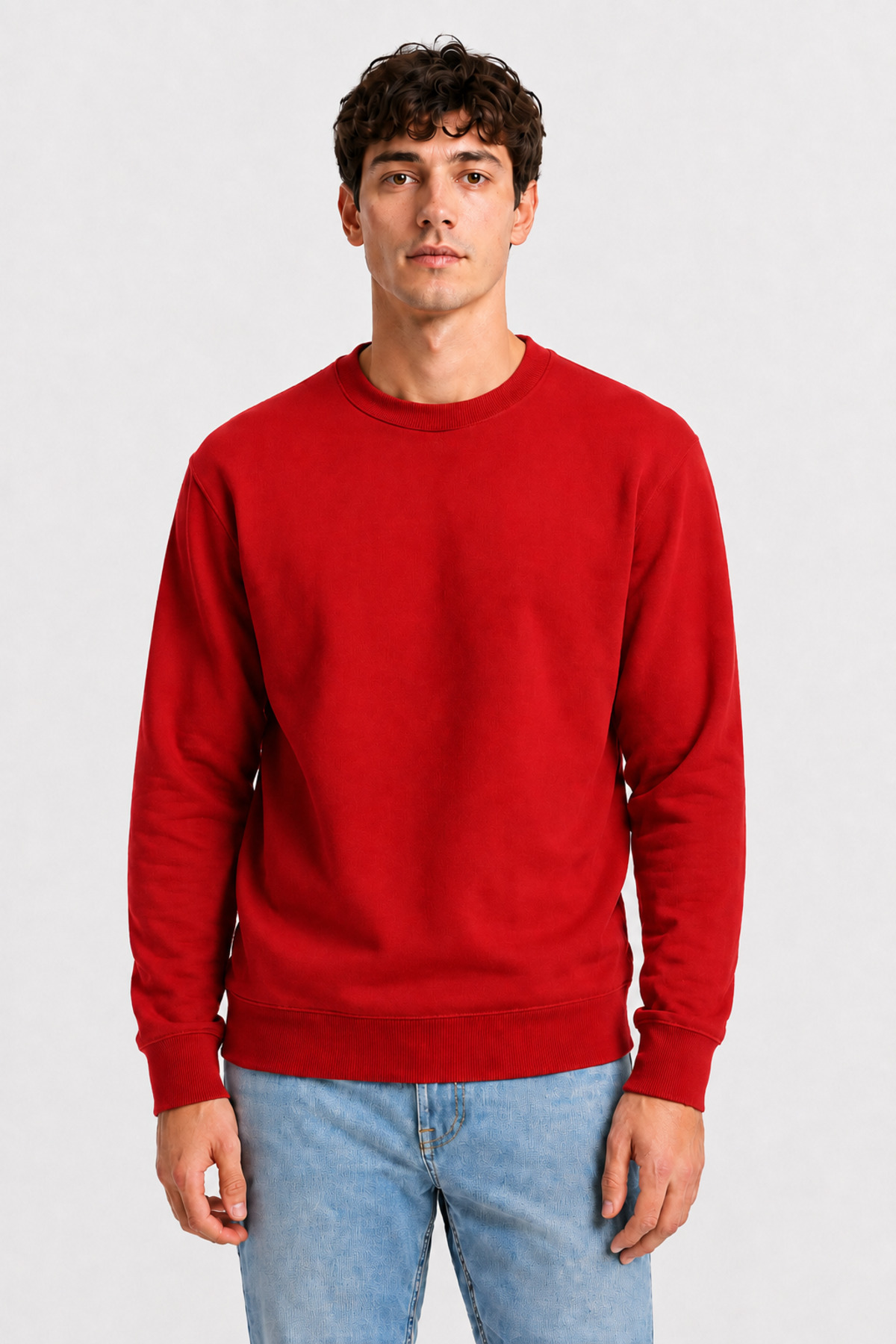Unisex Kırmızı Bisiklet Yaka Uzun Kollu Basic Sweatshirt Kırmızı · Fotoğraf 2