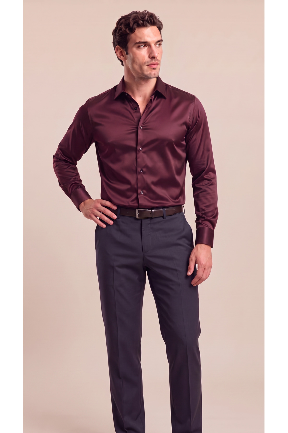 Erkek Slim Fit Klasik Saten Gömlek Uzun Kollu Modern Kesim — زرشکی CPH-3-183293 — تصویر 2 از 3
