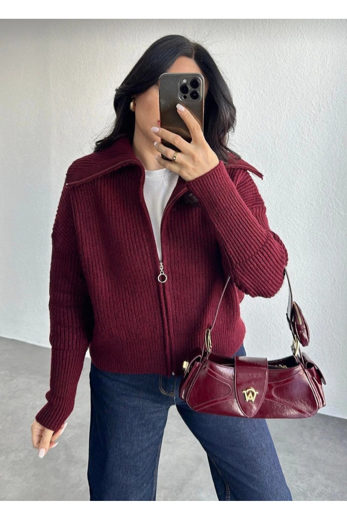 İLMERA Kadın bordo fermuarlı devrik yaka triko hırka oversize crop örgü ceket