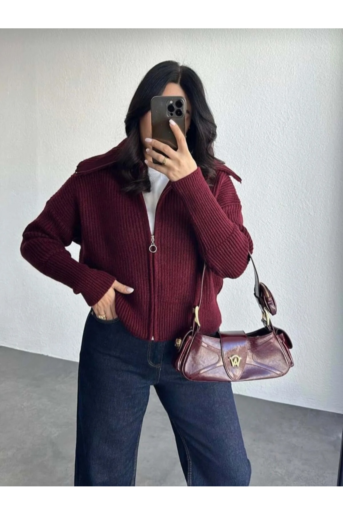 İLMERA Kadın bordo fermuarlı devrik yaka triko hırka oversize crop örgü ceket görsel 2