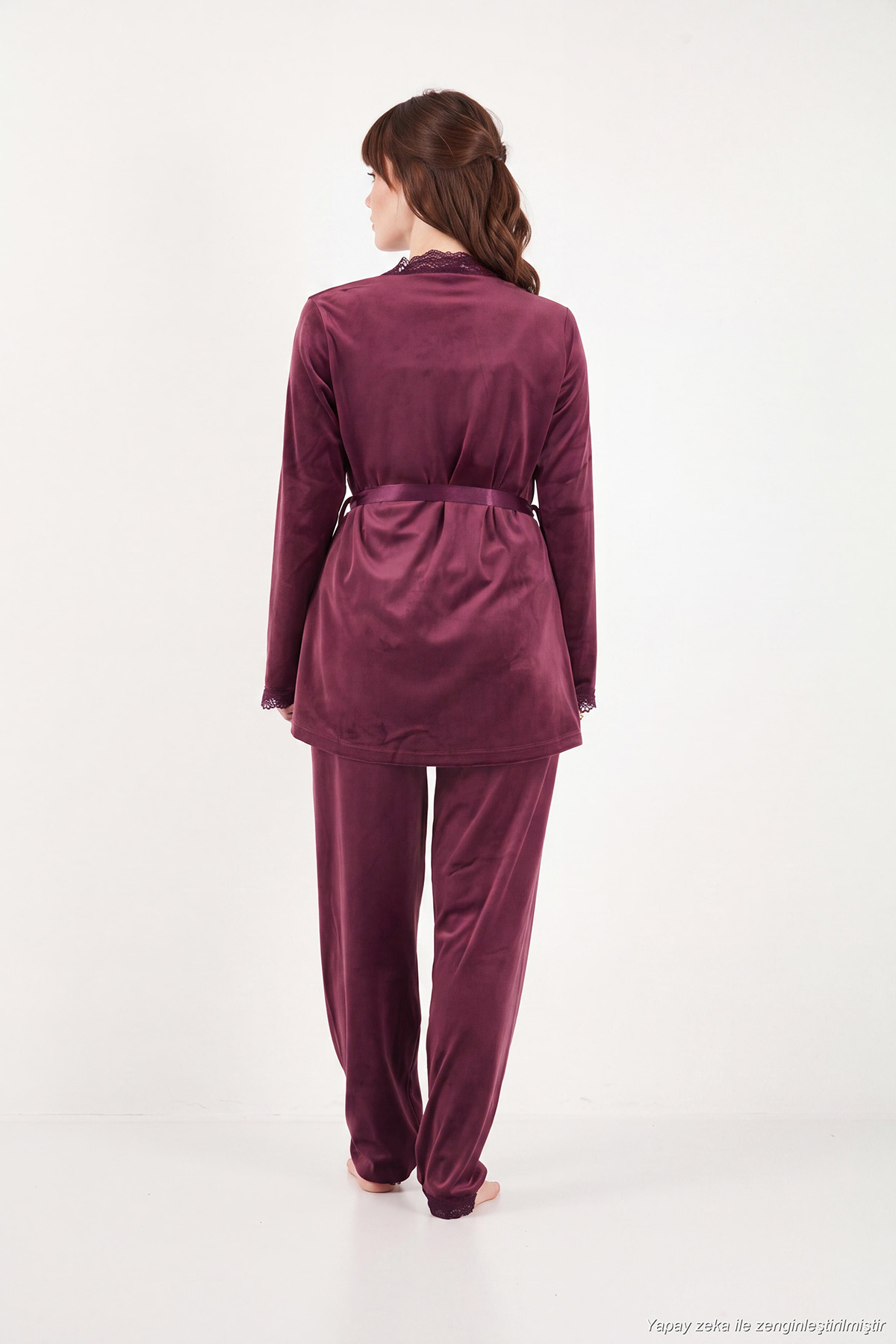 Lela Regular Fit Dantelli Yumuşak Dokulu Sabahlıklı Kadife Pijama Takımı Kadın PİJAMA TAKIMI 6095545 görsel 7