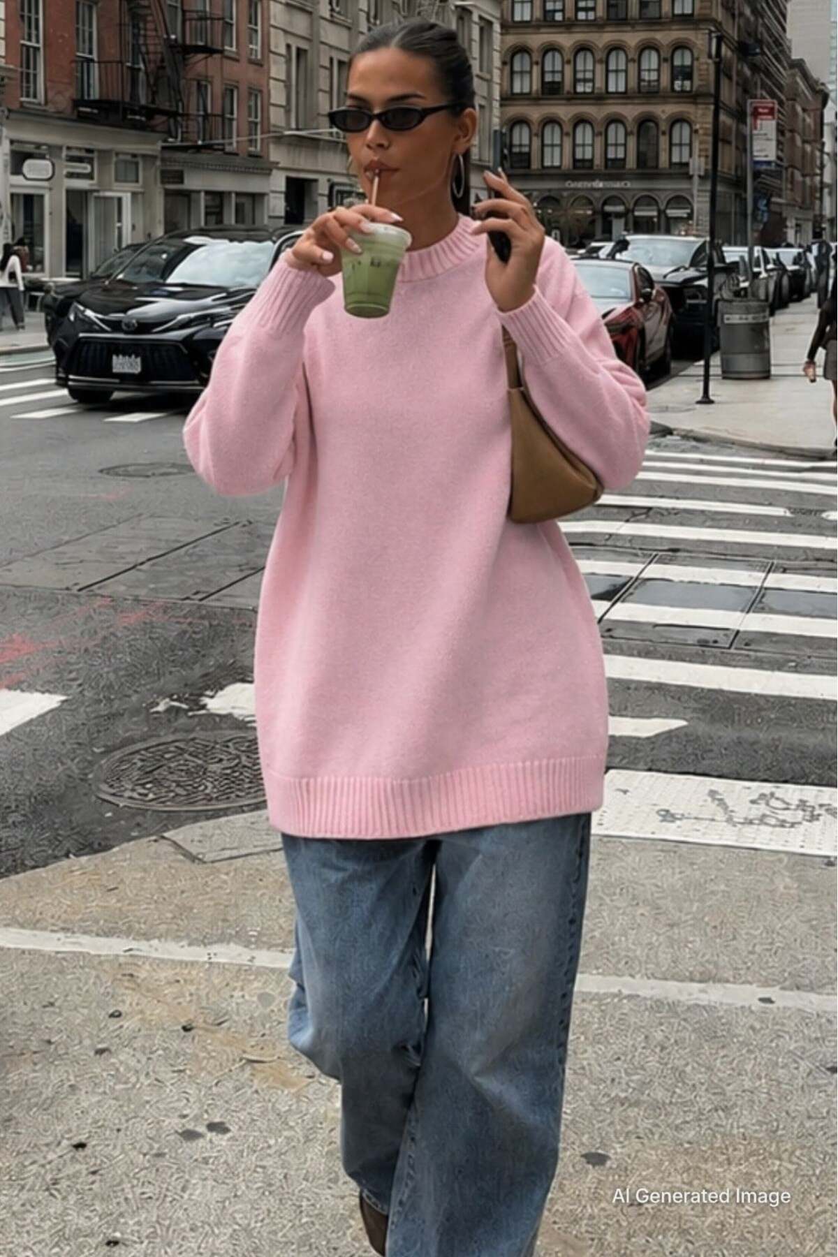 Madmext Pembe Bisiklet Yaka Oversize Uzun Kadın Triko Kazak MG2890