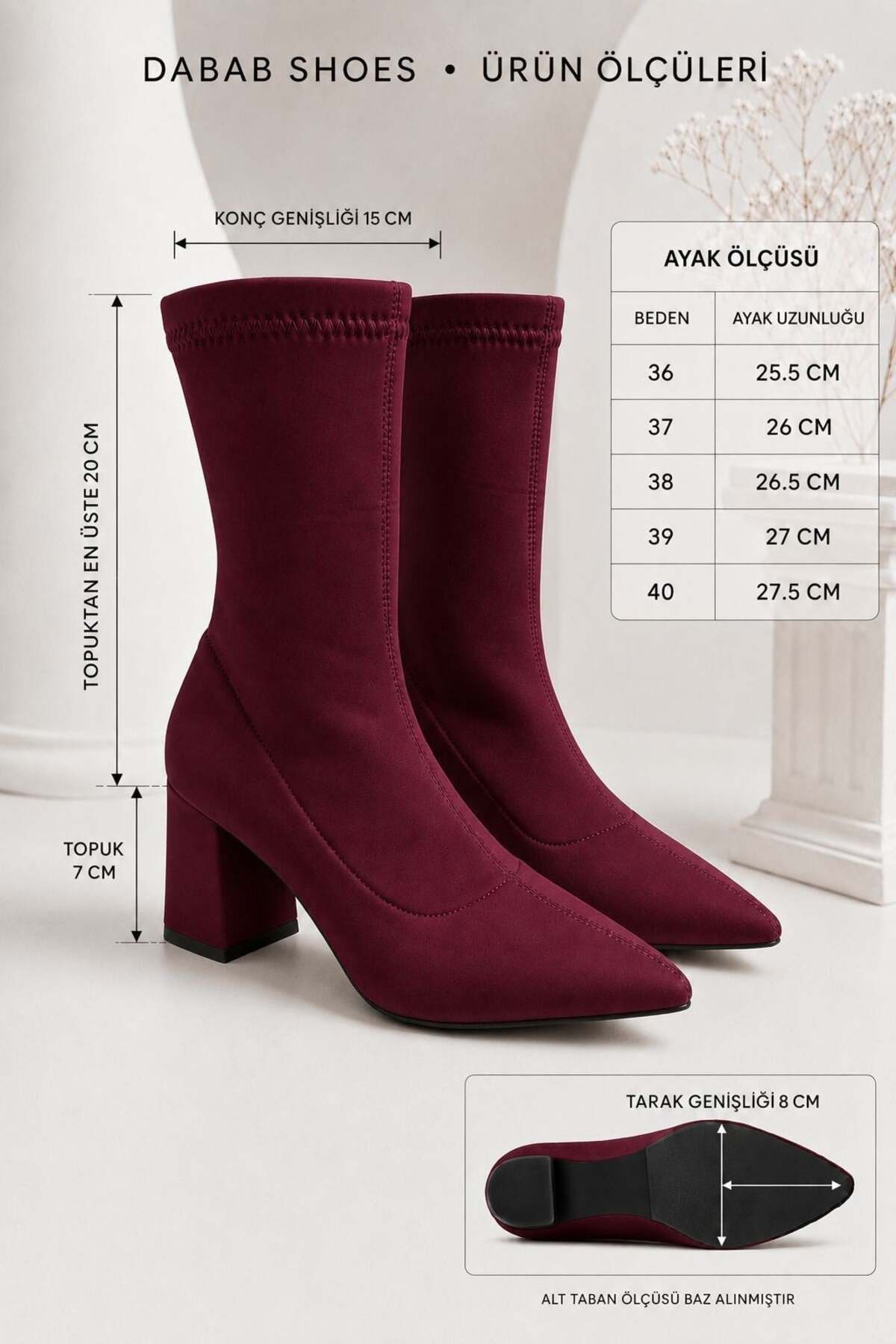 dabab shoes RACHEL Kadın Bordo Sivri Burun Dalgıç Streç 7 Cm Kalın Topuklu Çorap Bot Bootie görsel 6