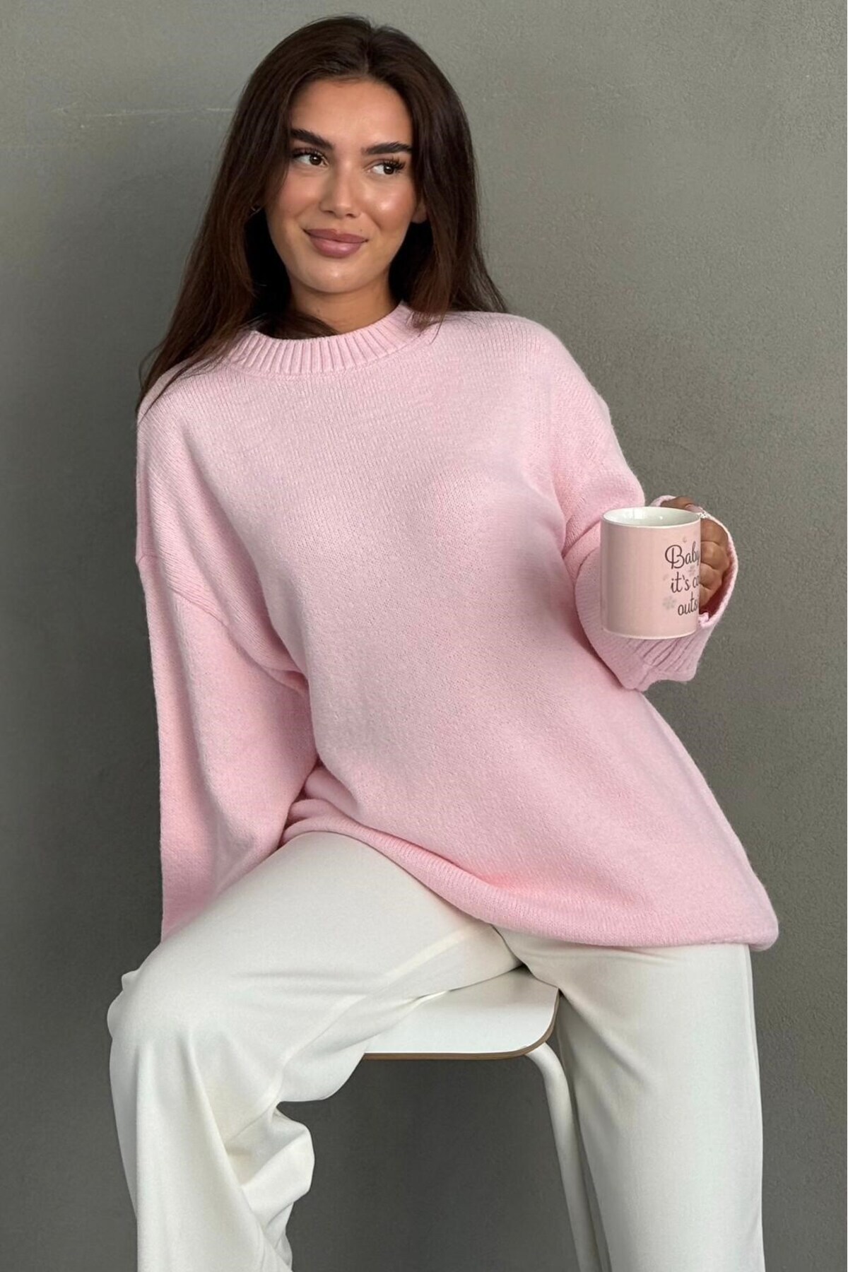 Madmext Pembe Bisiklet Yaka Oversize Uzun Kadın Triko Kazak MG2890 görsel 3